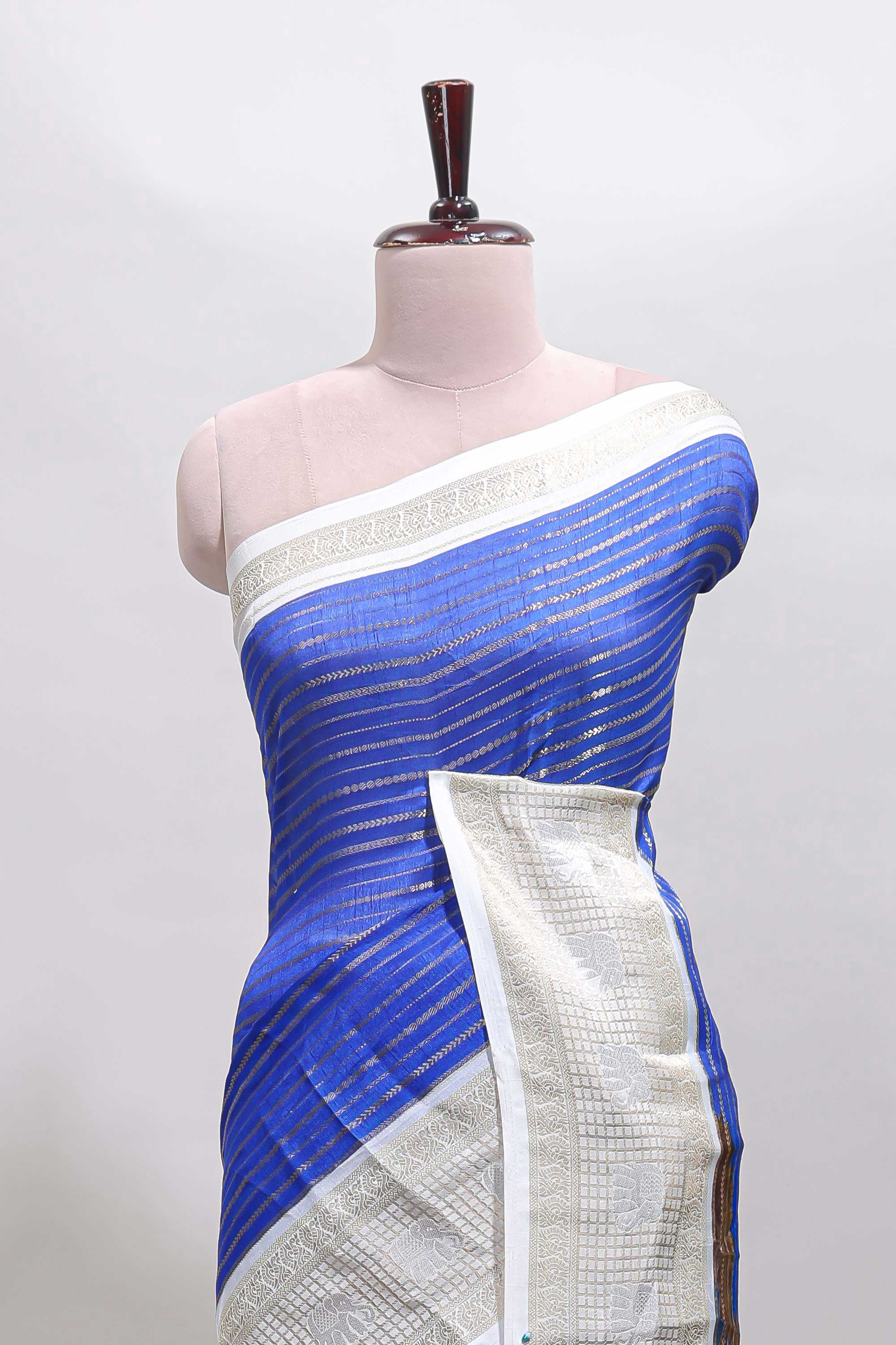 Blue striped dola silk saree with contrast zari border and kalamkari style pallu - Image 3