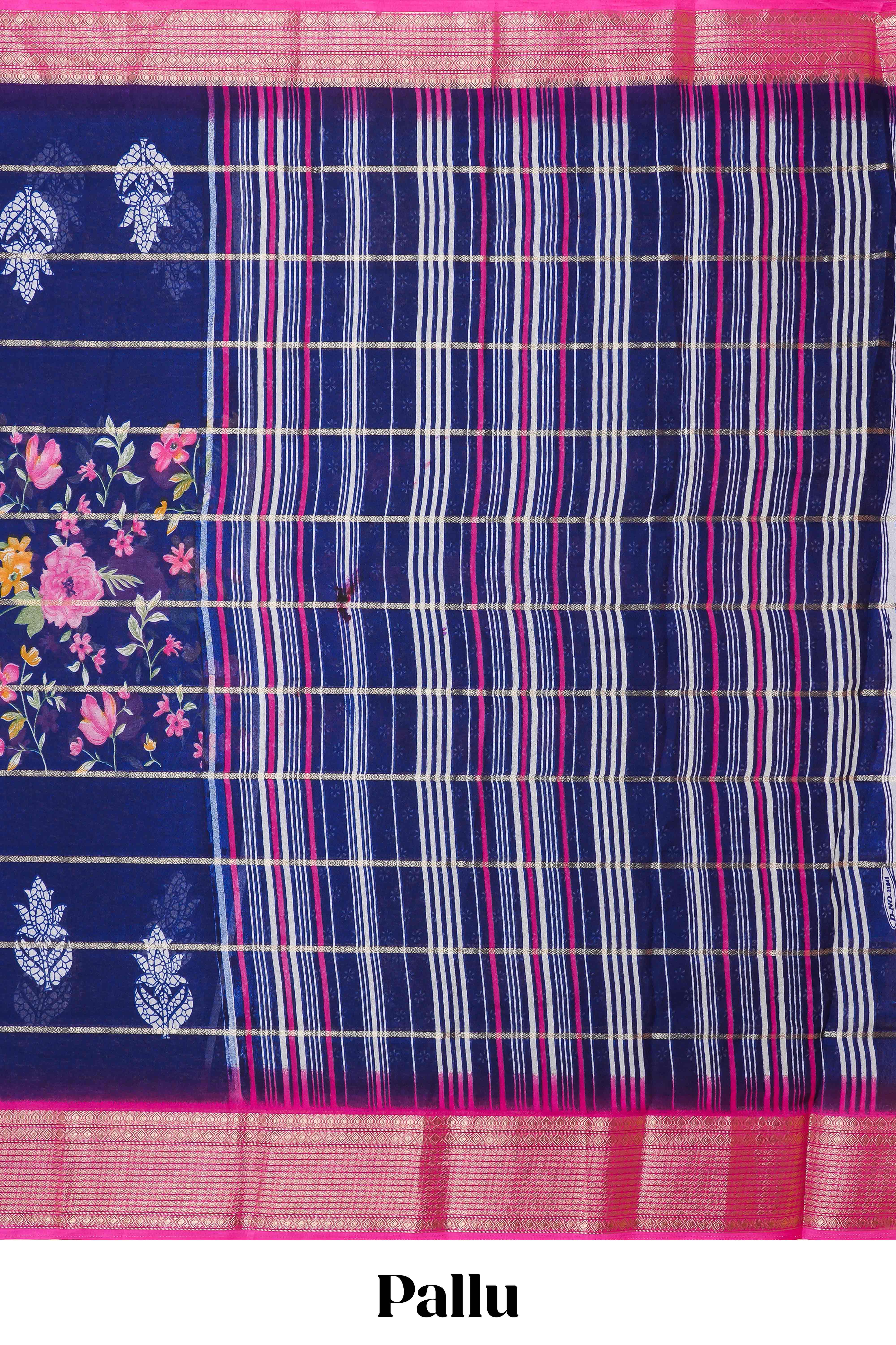 Blue Striped floral design chiffon georgette saree with contrast border and matching blouse - Image 5