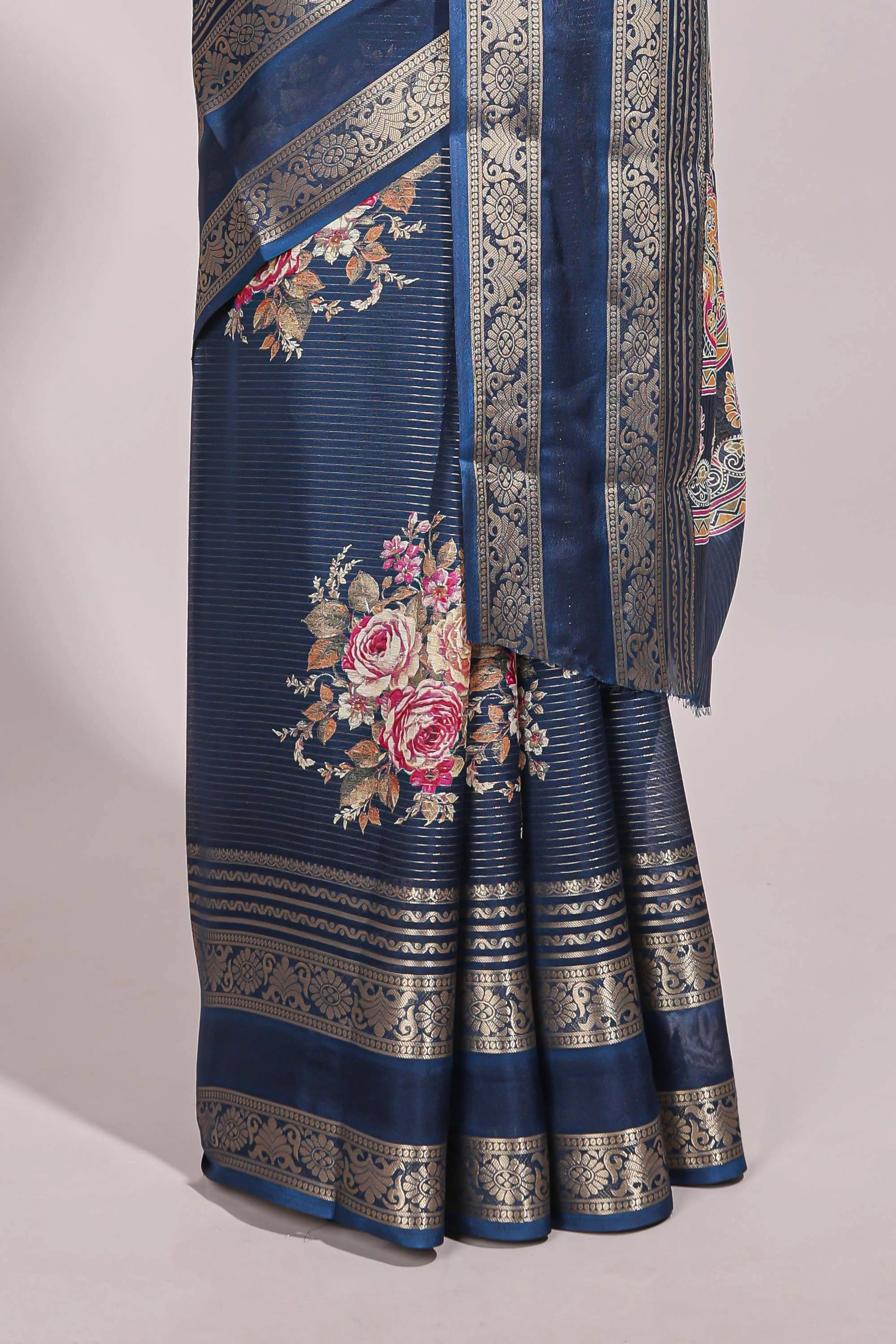 Blue striped floral design marsh mellow saree with self zari border and matching printed blouse - Image 4
