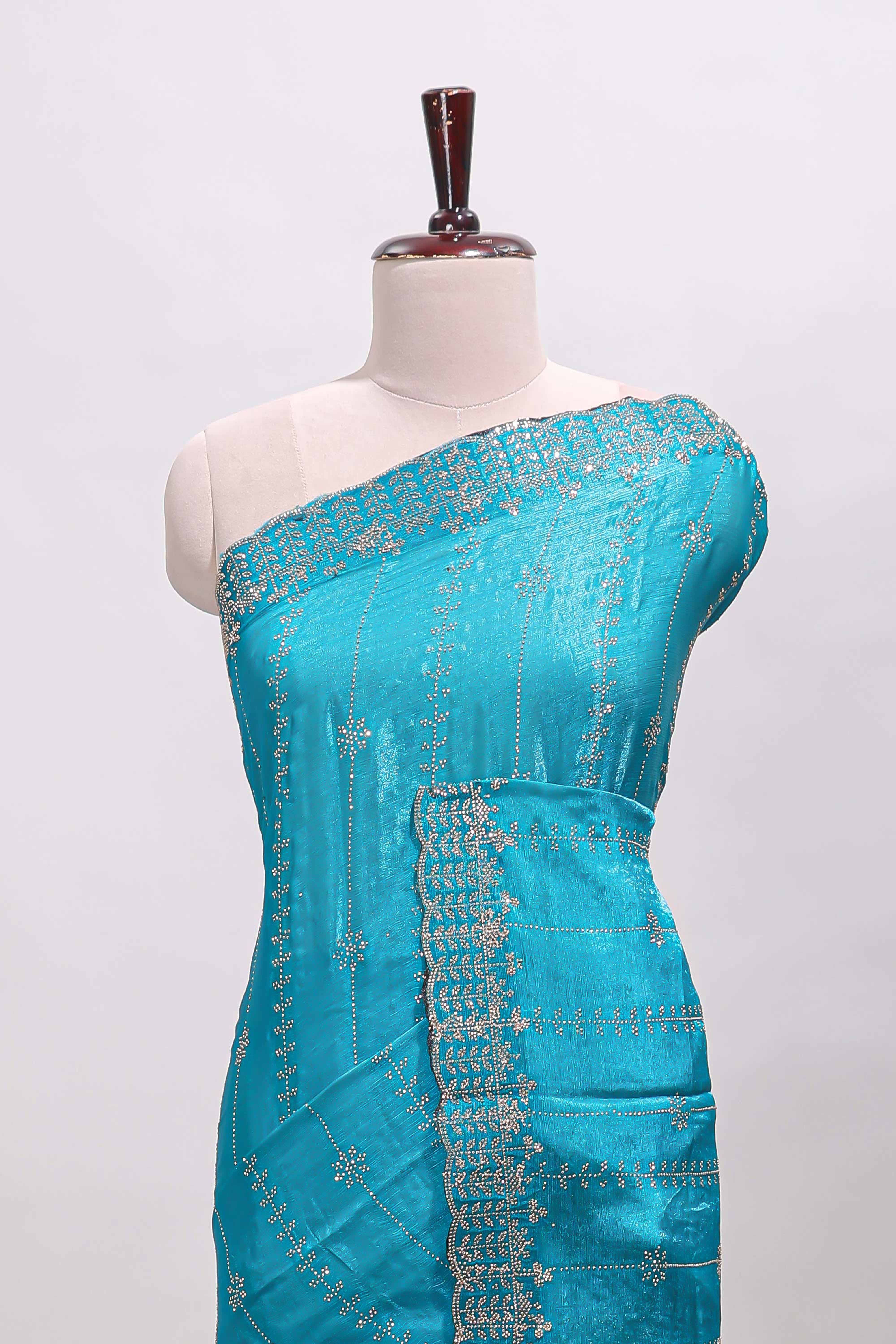 Blue striped floral design stone work designer saree with self scallop design border and matching blouse - Image 3