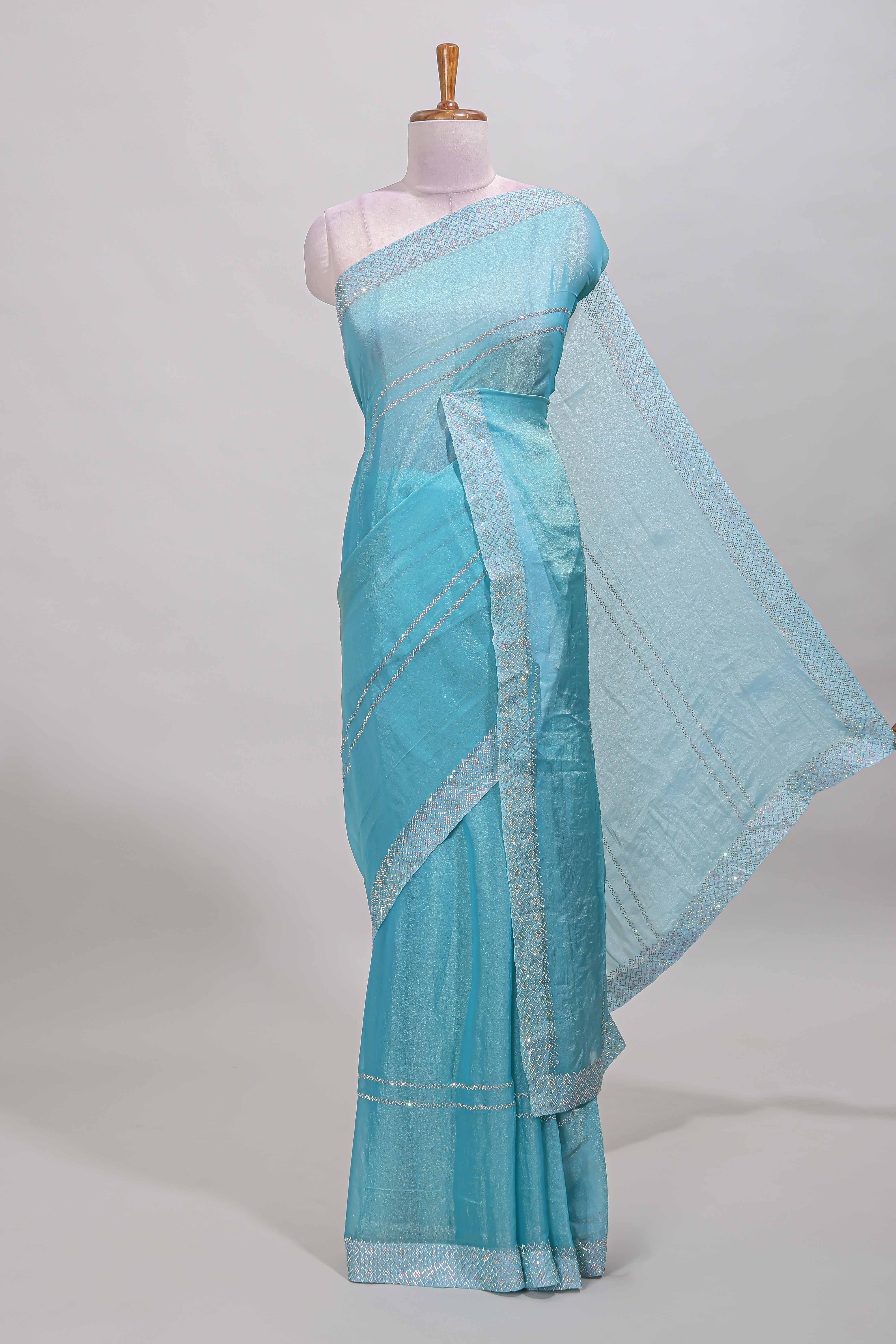 Blue stripes chamki work all over body designer saree with self design border matching blouse