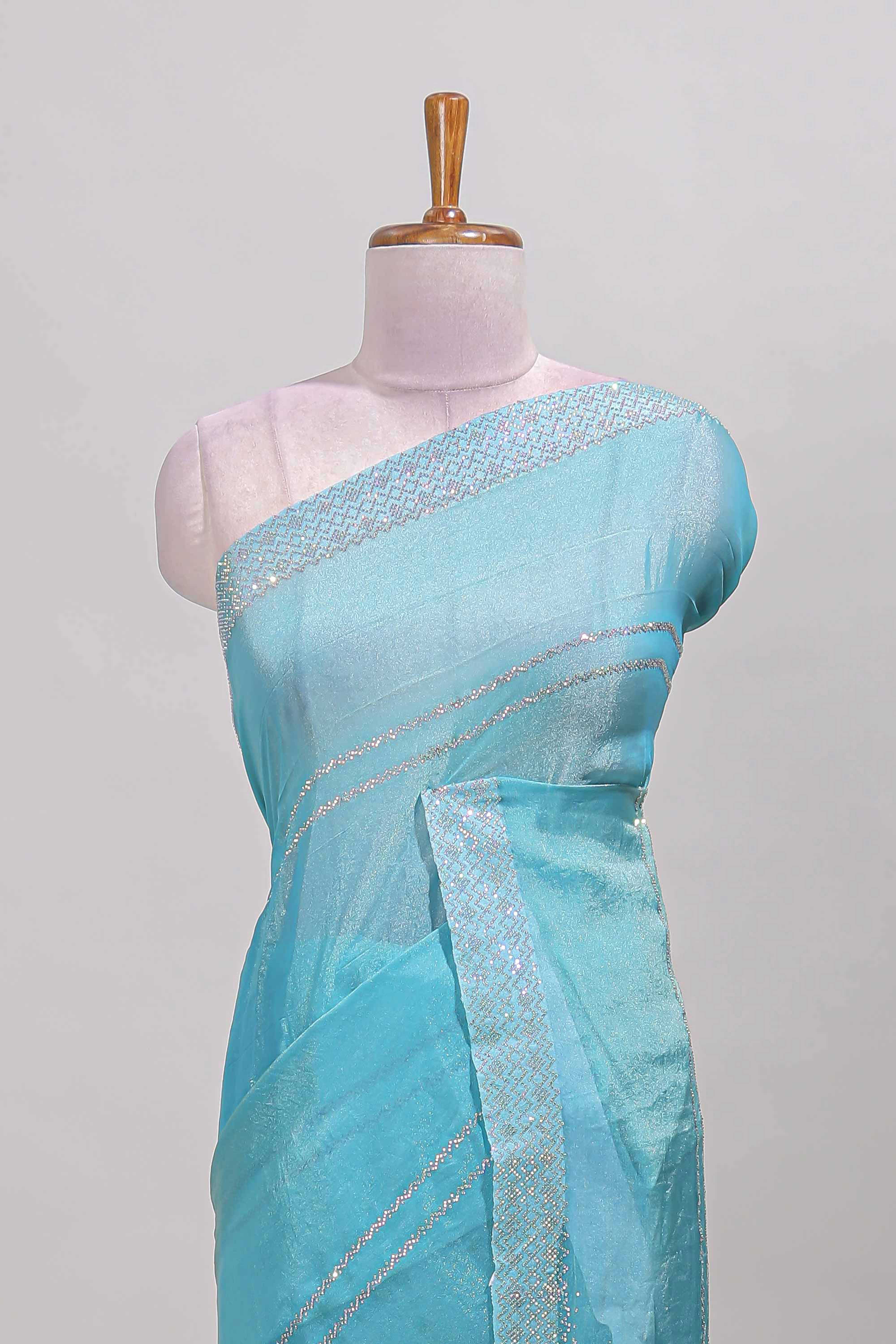 Blue stripes chamki work all over body designer saree with self design border matching blouse - Image 3