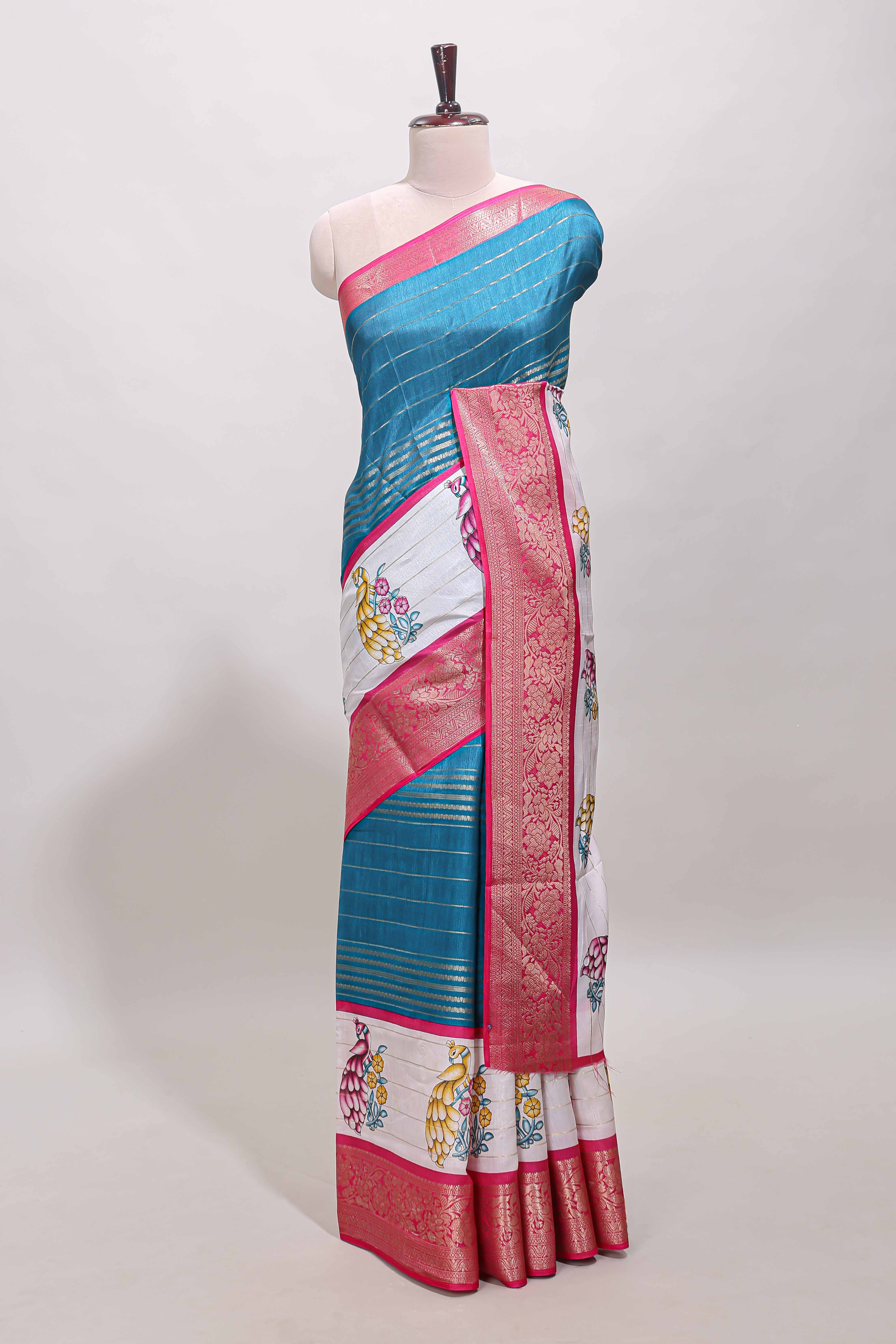 Blue stripes dola silk saree with bottom peacock design, contrast zari border and printed pallu - Image 2