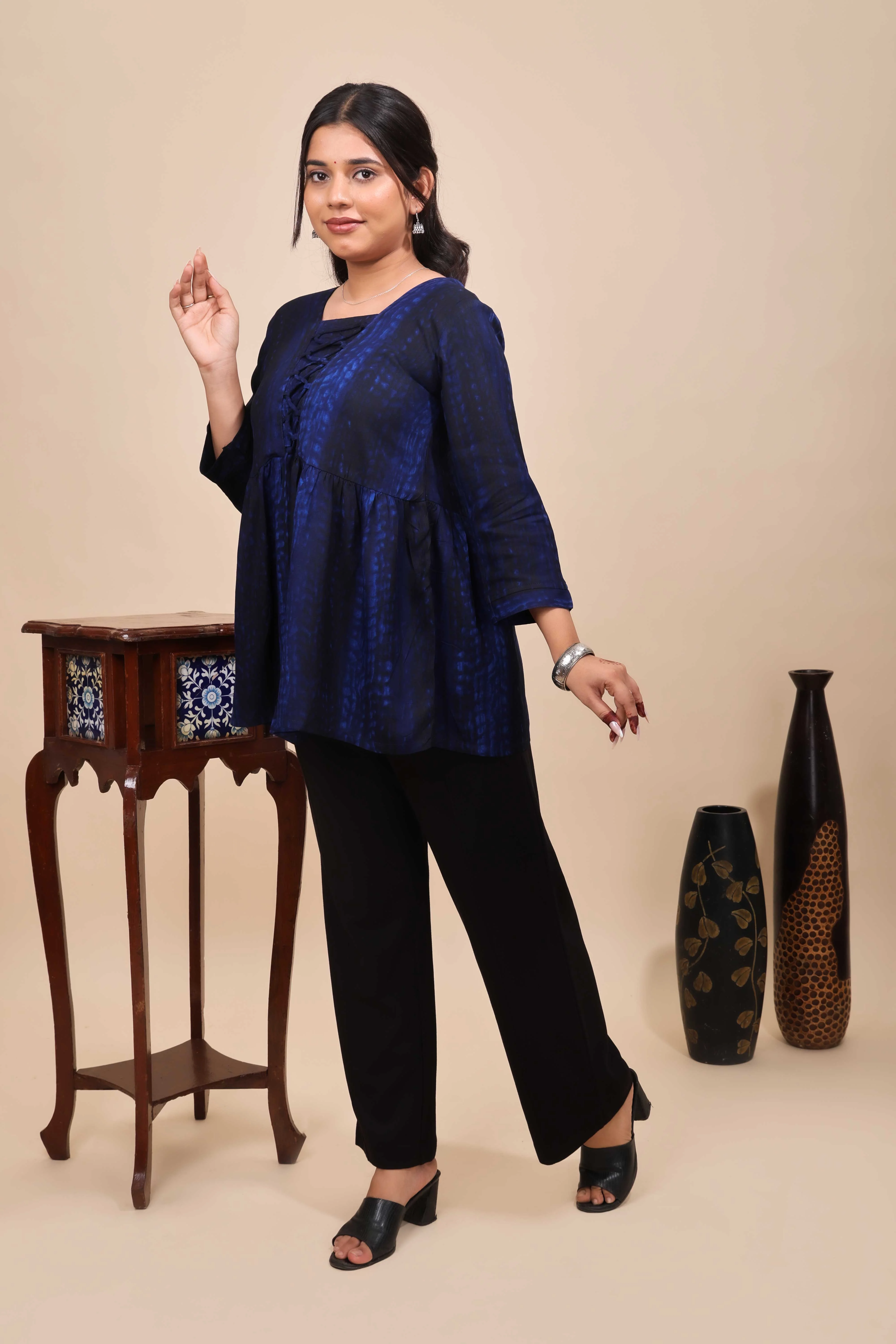 Blue Shibori Tie-Dye Print Short Kurti with Vertical Stripes, 3/4 Sleeves & Tassel Tie-Up Neck - Image 3