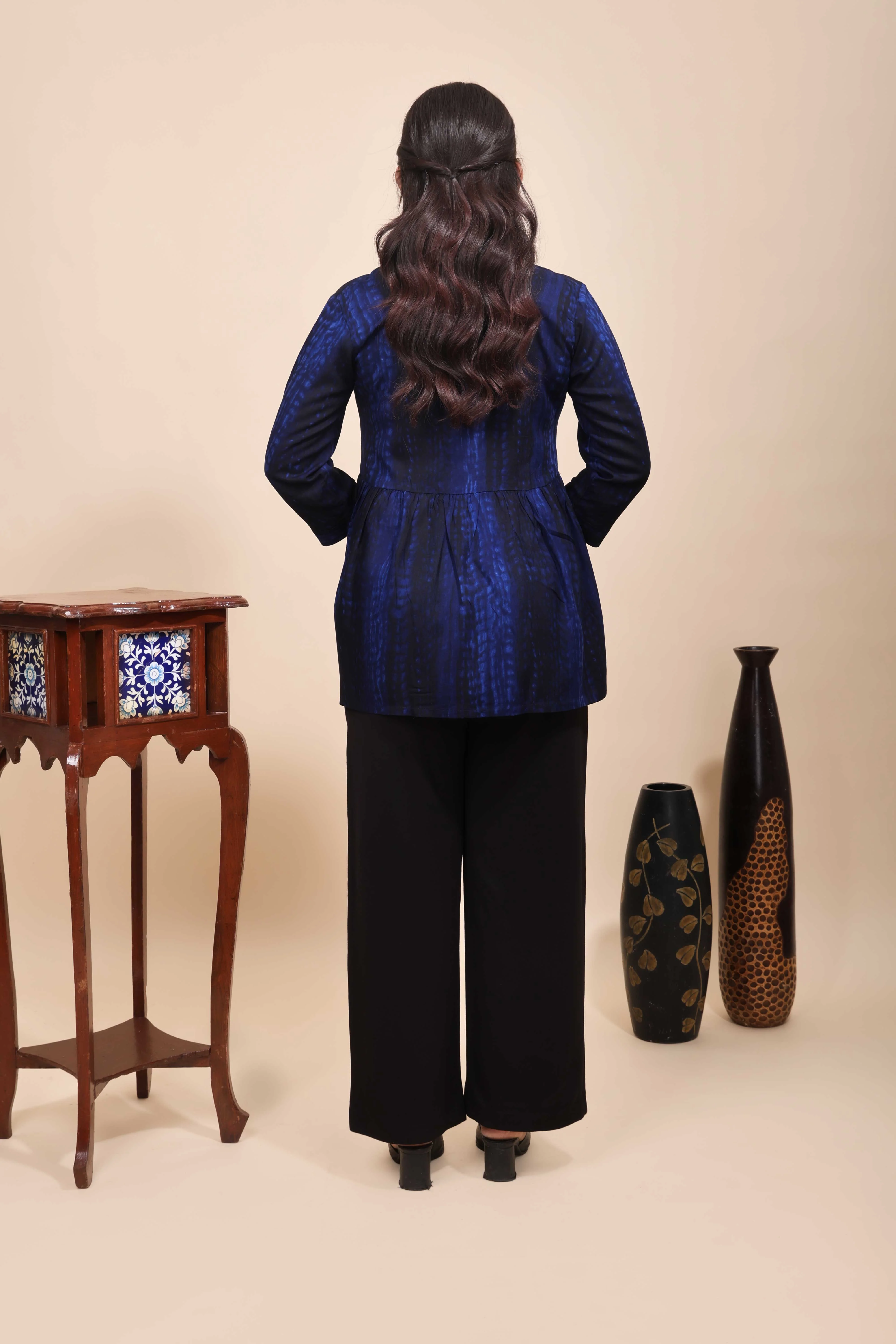 Blue Shibori Tie-Dye Print Short Kurti with Vertical Stripes, 3/4 Sleeves & Tassel Tie-Up Neck - Image 4