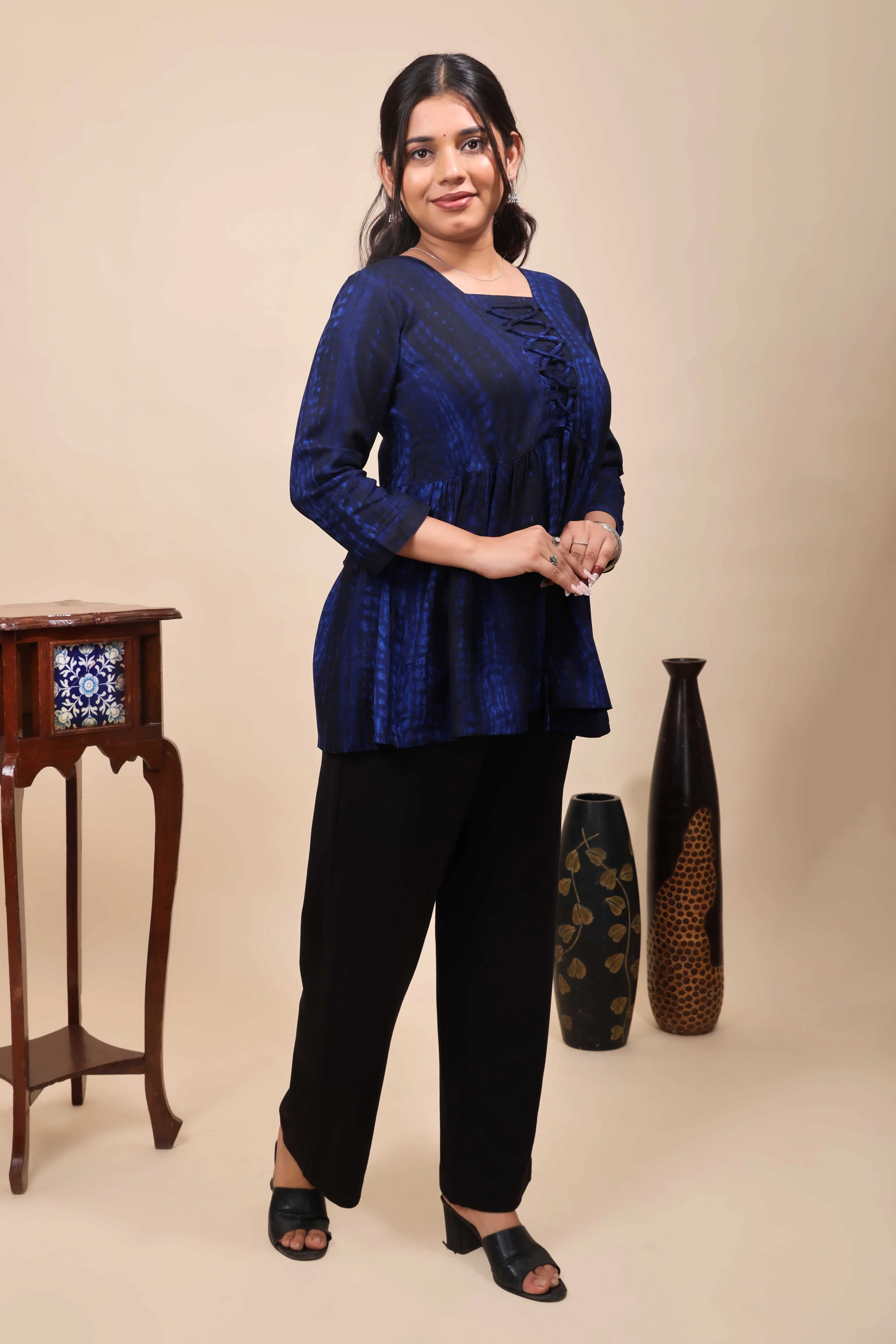 Blue Shibori Tie-Dye Print Short Kurti with Vertical Stripes, 3/4 Sleeves & Tassel Tie-Up Neck - Image 5