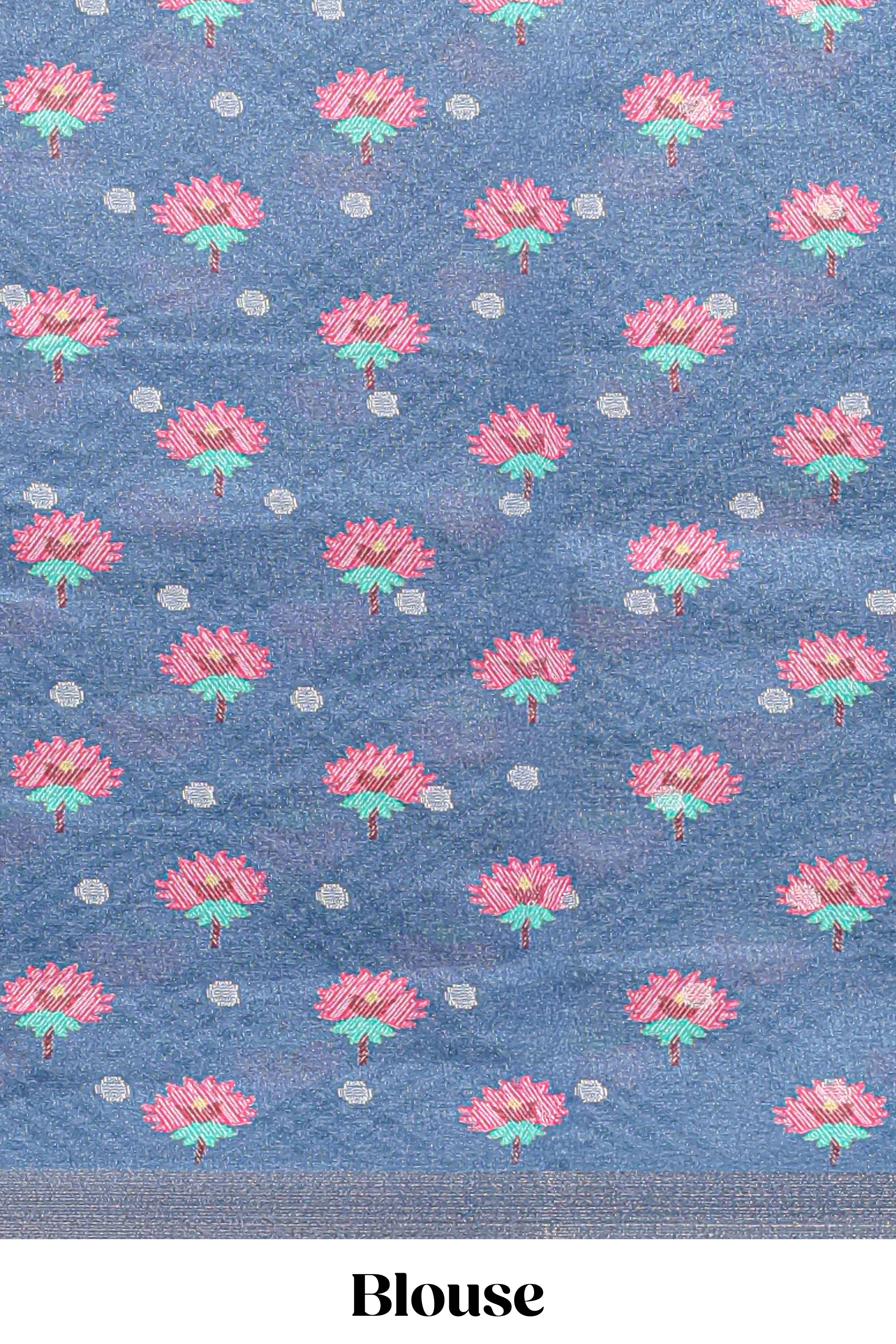 Blue Tussar Saree checkered body artistic elephant and floral prints and contrasting border with tassel along with blouse piece - Image 5