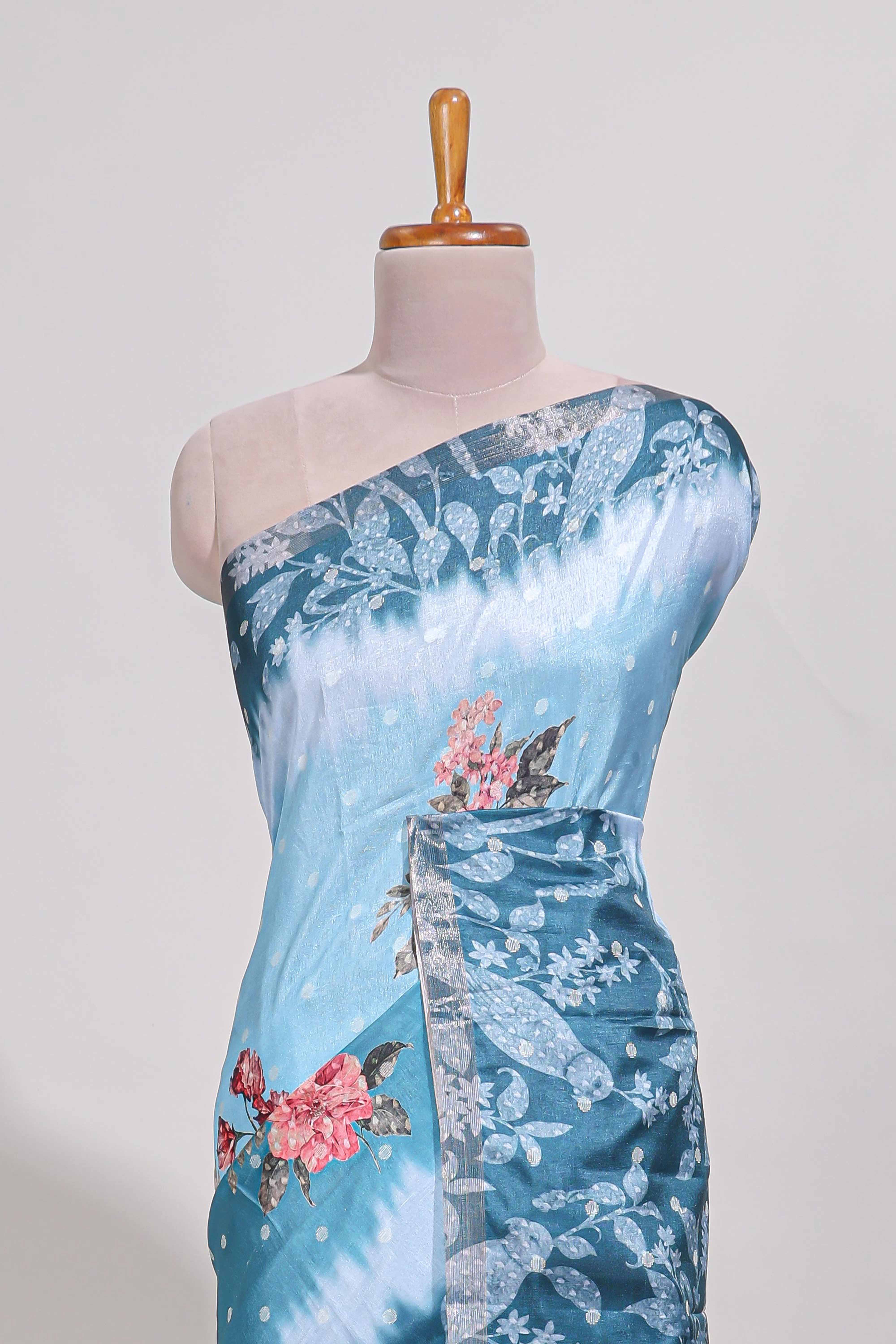 Blue Tussar saree with a floral body featuring bird motifs a printed pallu with tassels and a matching  floral blouse piece - Image 3