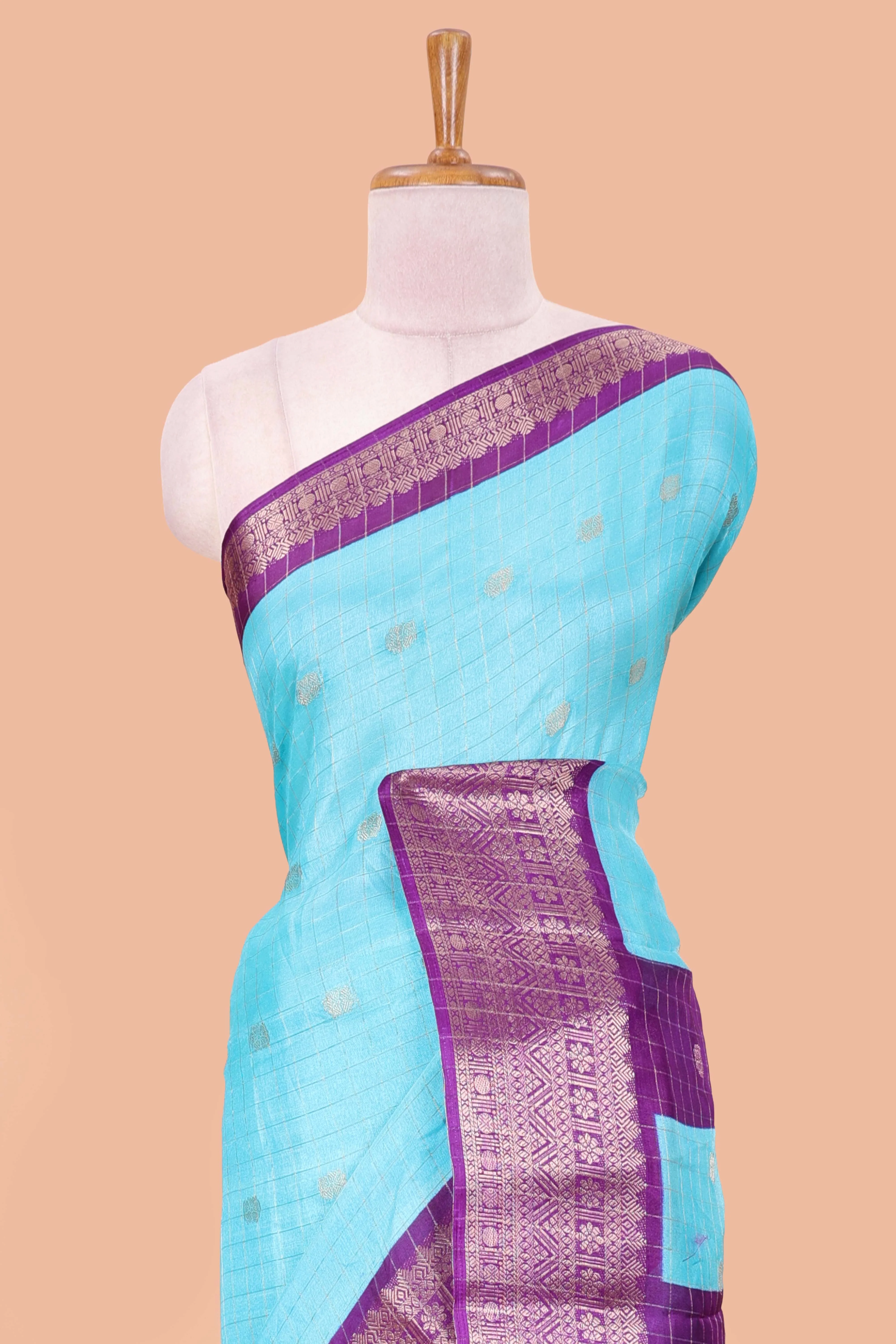 Blue viscose dola silk saree with all over checked butta design, contrast zari border and pallu - Image 3