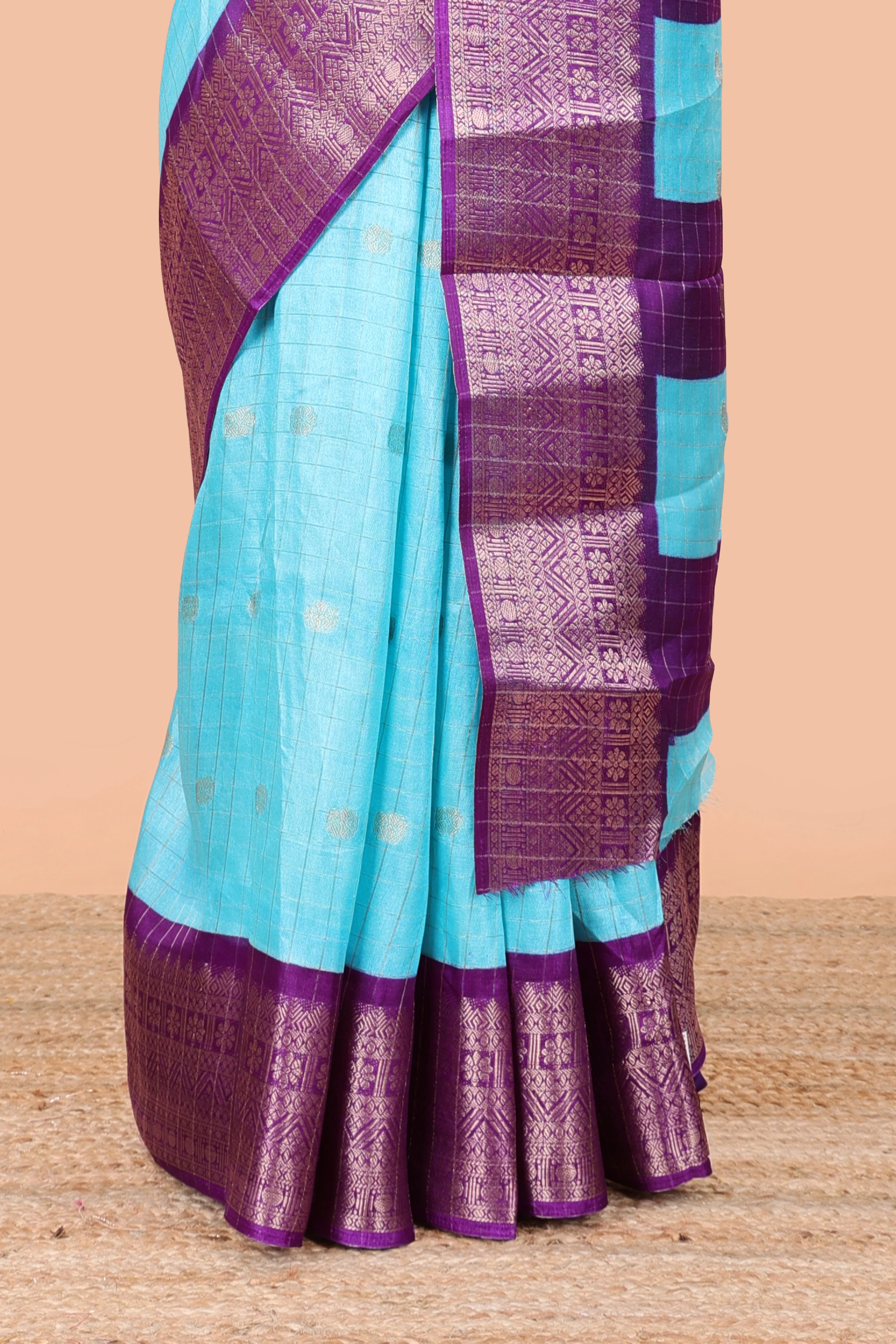 Blue viscose dola silk saree with all over checked butta design, contrast zari border and pallu - Image 4