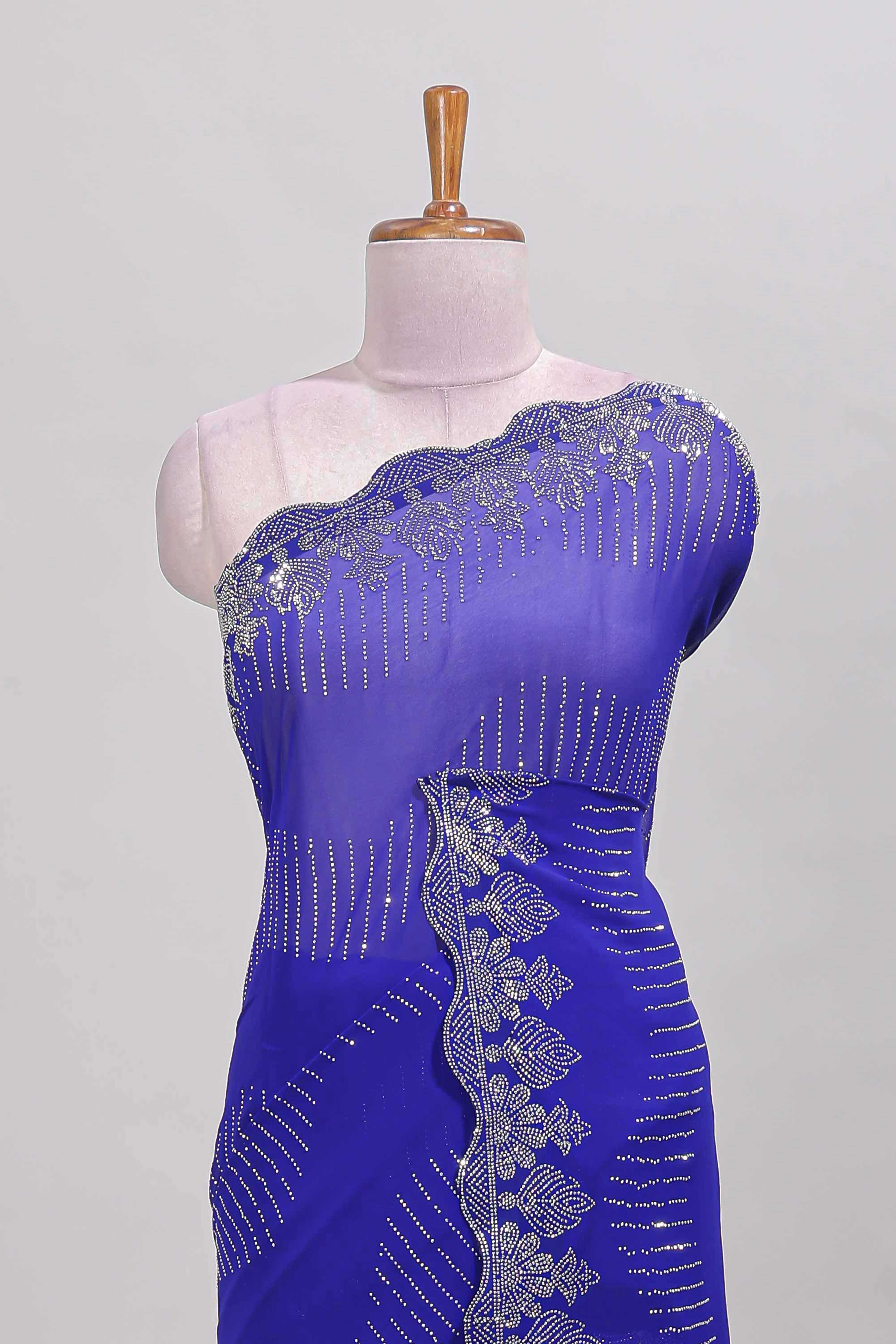 Blue weaving stripes stone work all over body designer saree with self scallop design floral border and matching blouse - Image 3