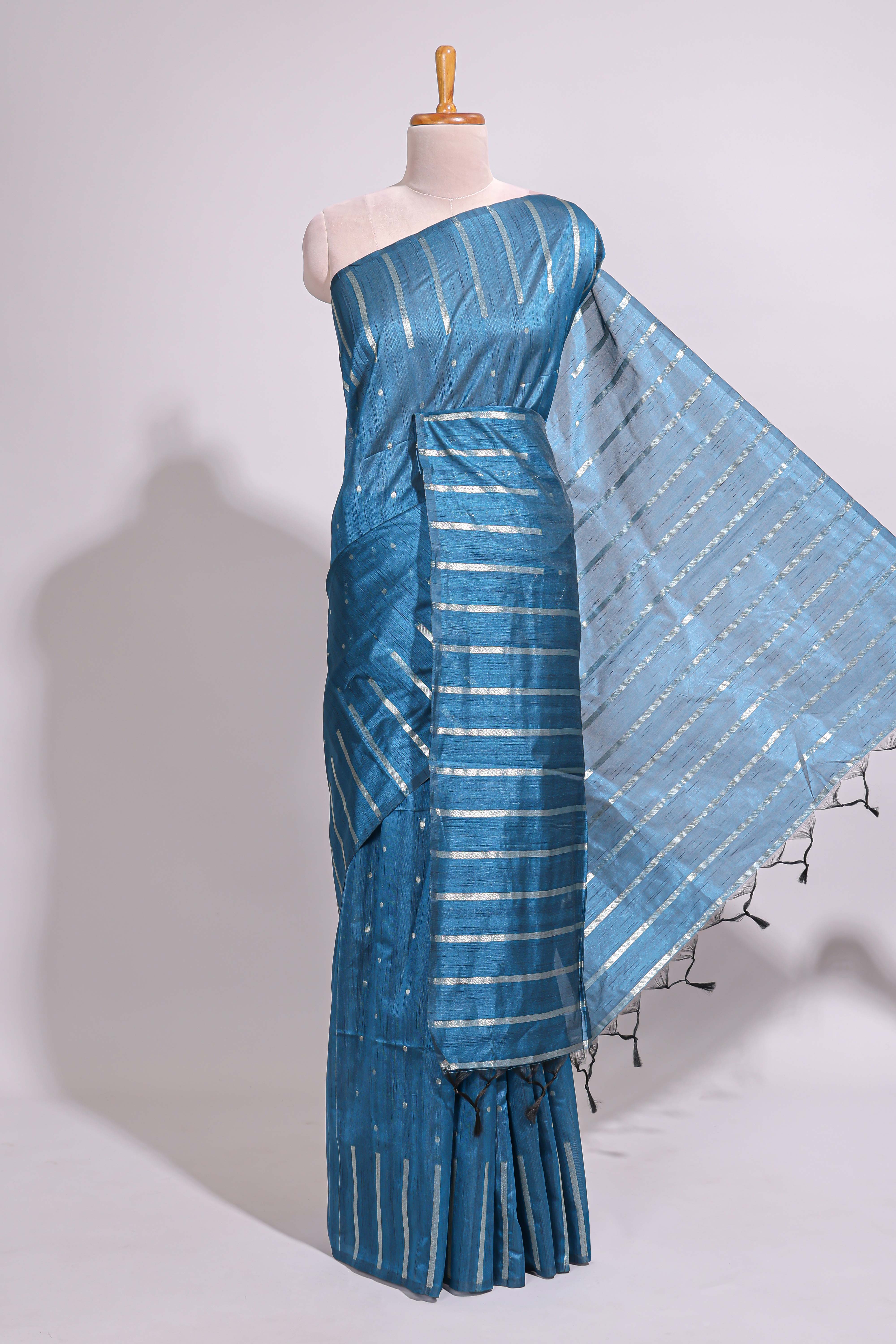Blue zari butta art tusser saree with self border and striped blouse