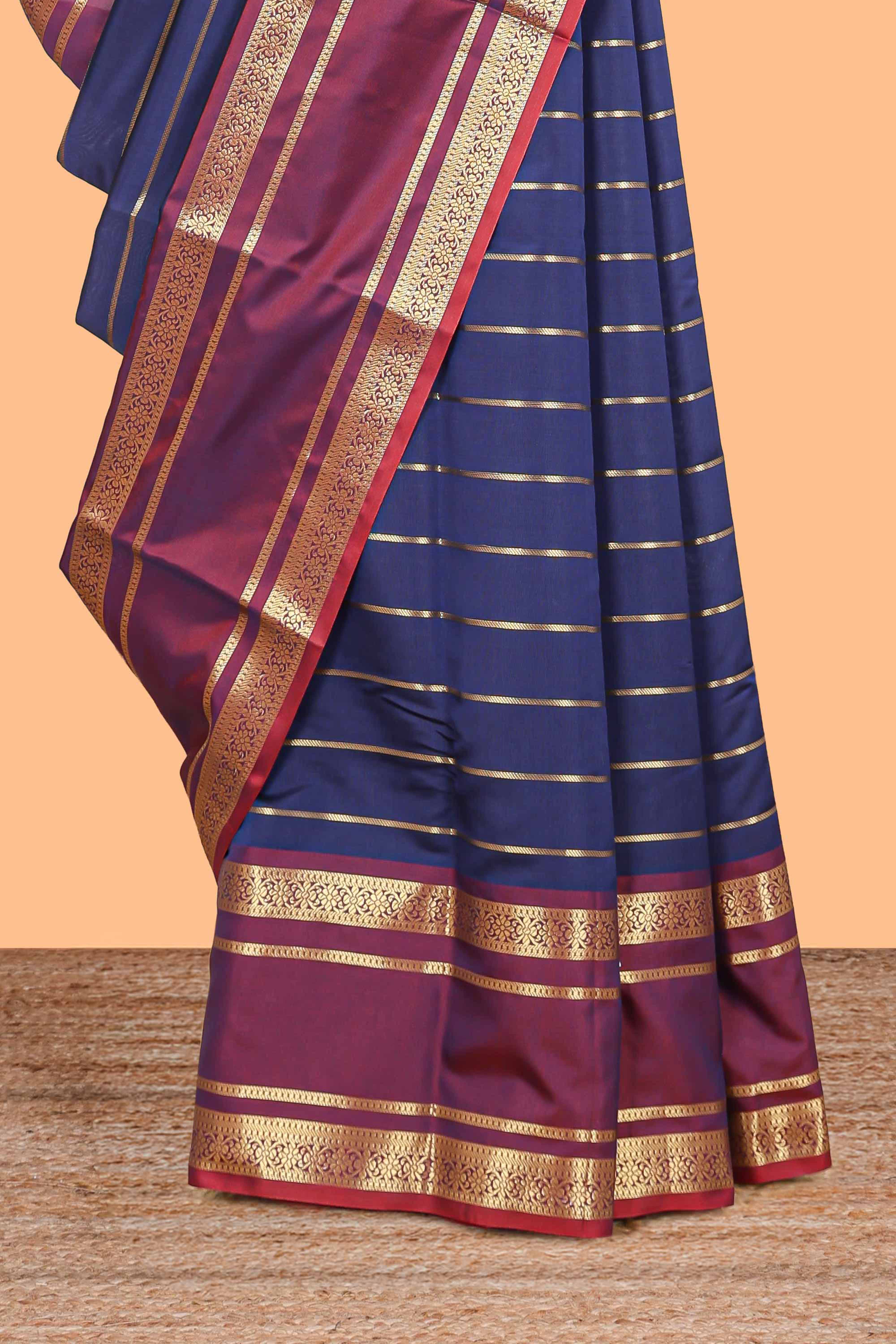 Blue zari striped raw silk saree with contrast bentex zari border and pallu - Image 3