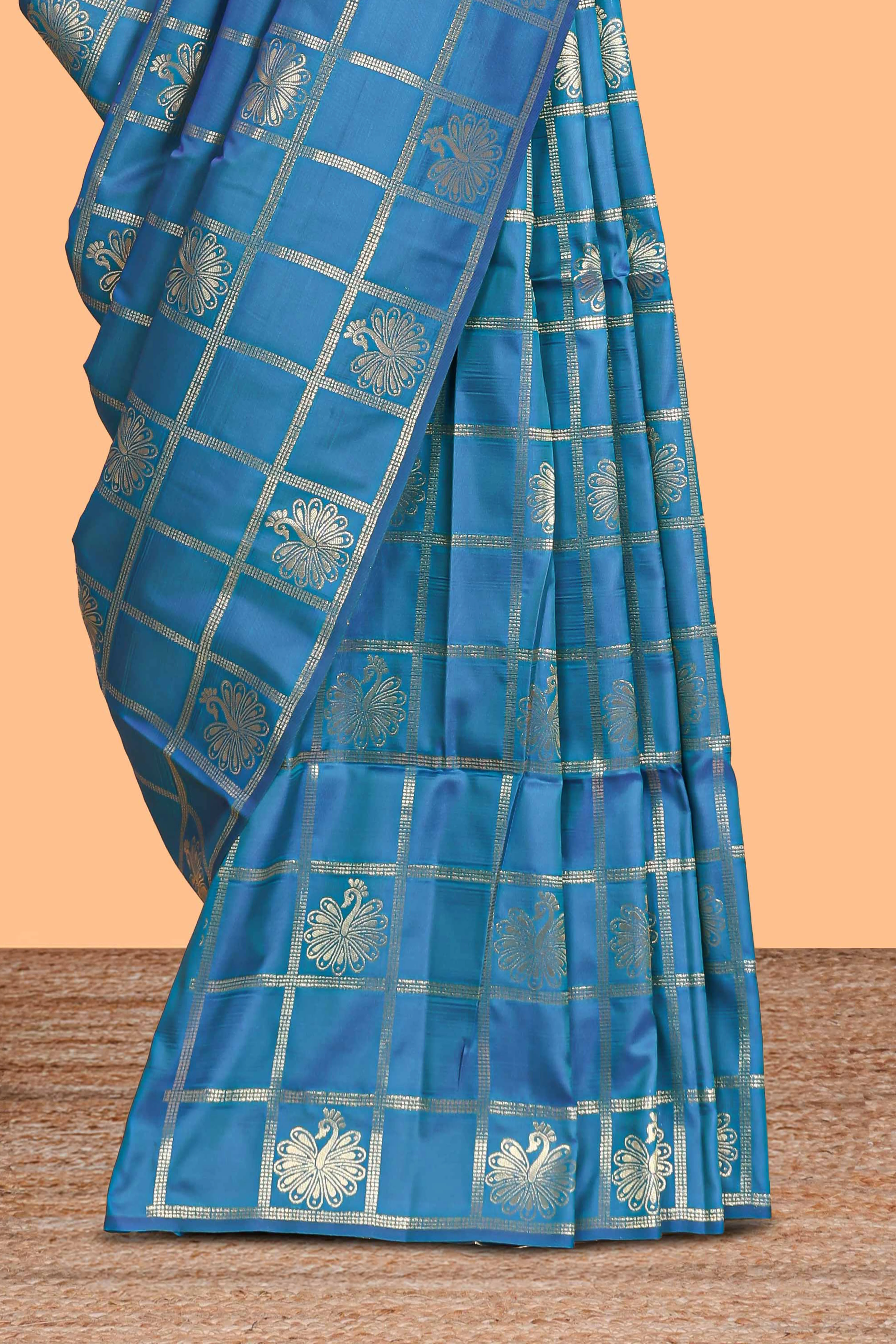 Borderless blue checked floral motifs zari design semi soft silk saree with matching zari motifs blouse - Image 3