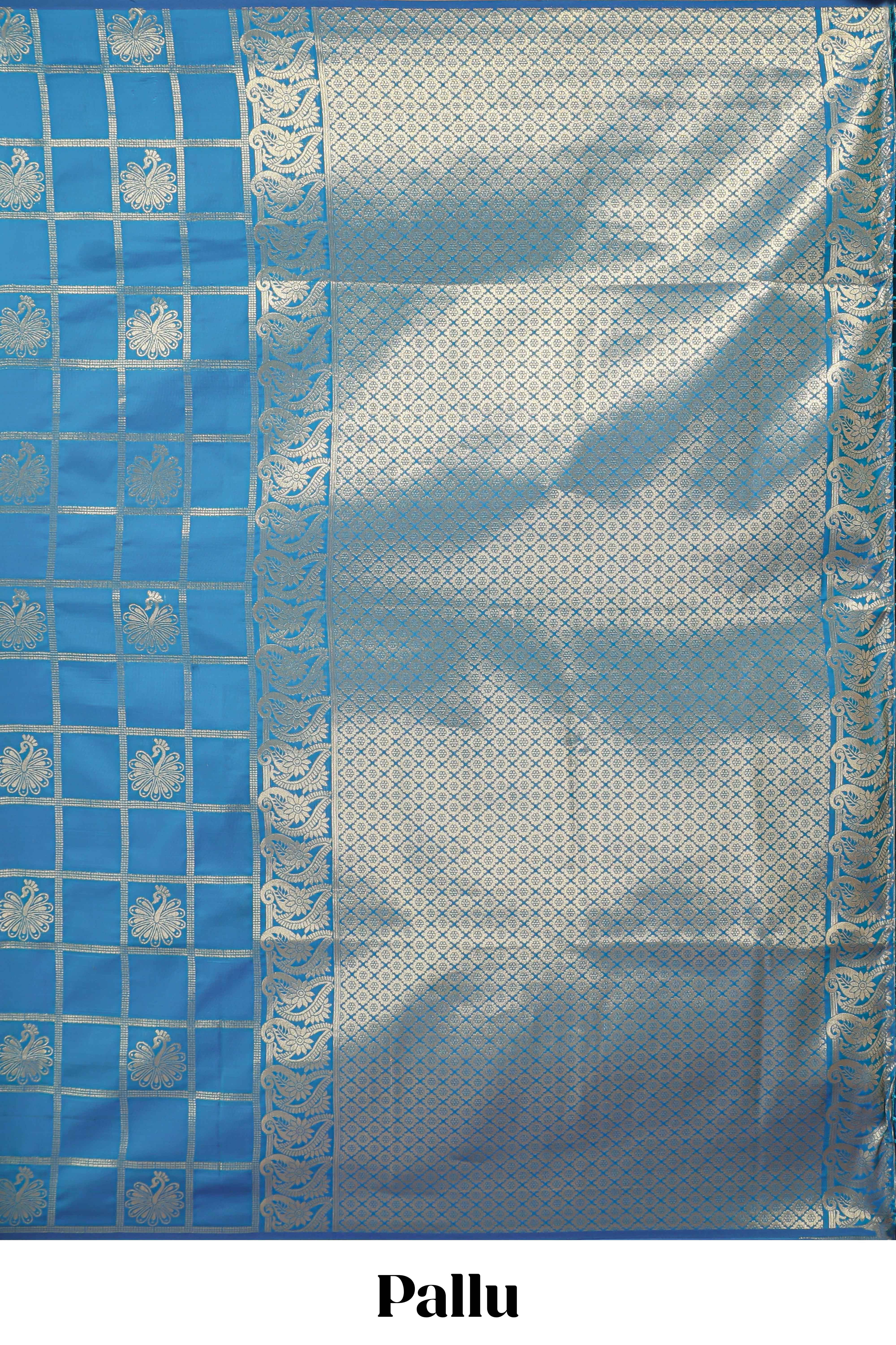 Borderless blue checked floral motifs zari design semi soft silk saree with matching zari motifs blouse - Image 4