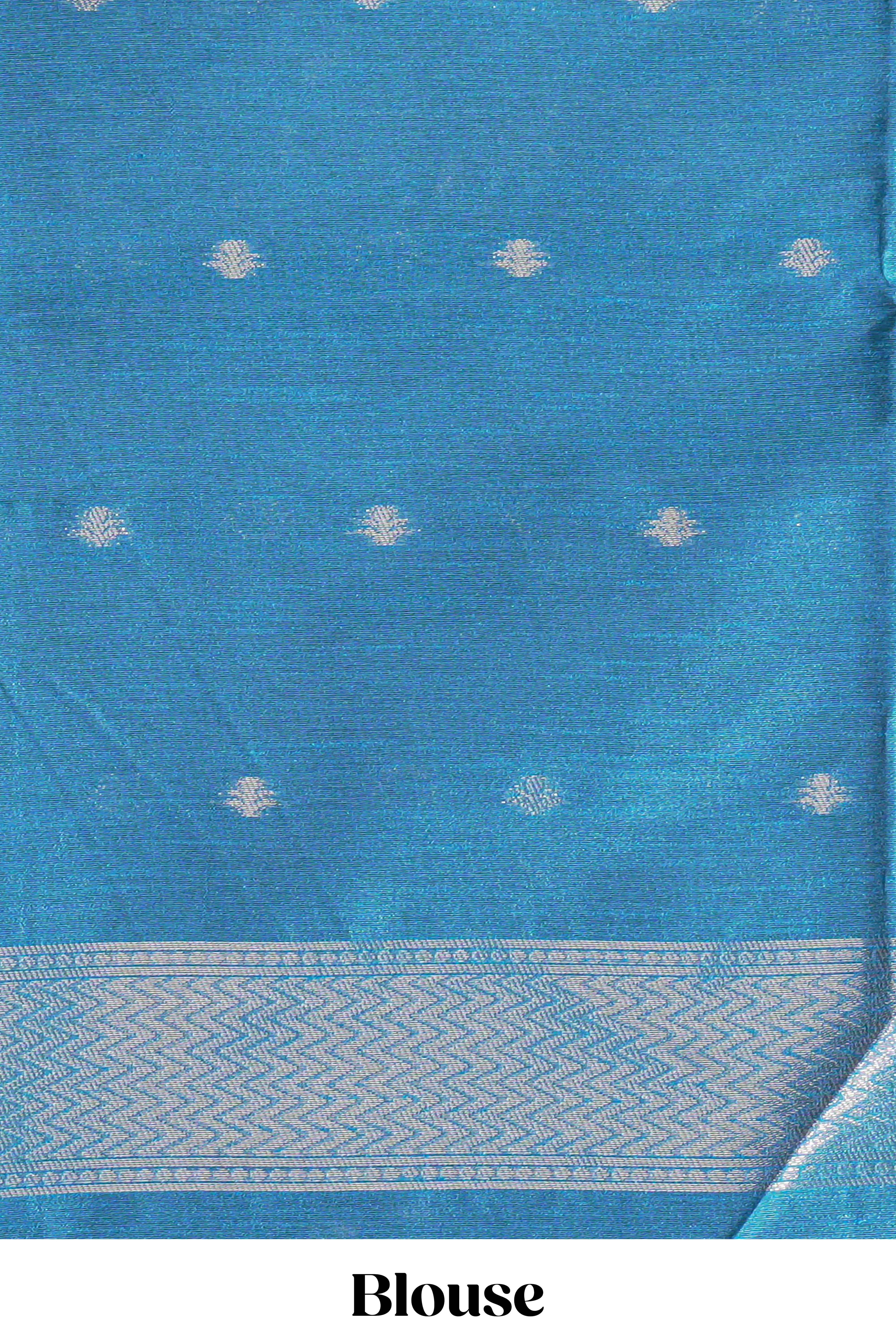 Borderless blue cow design silver zari butta art tussar saree with matching blouse - Image 5