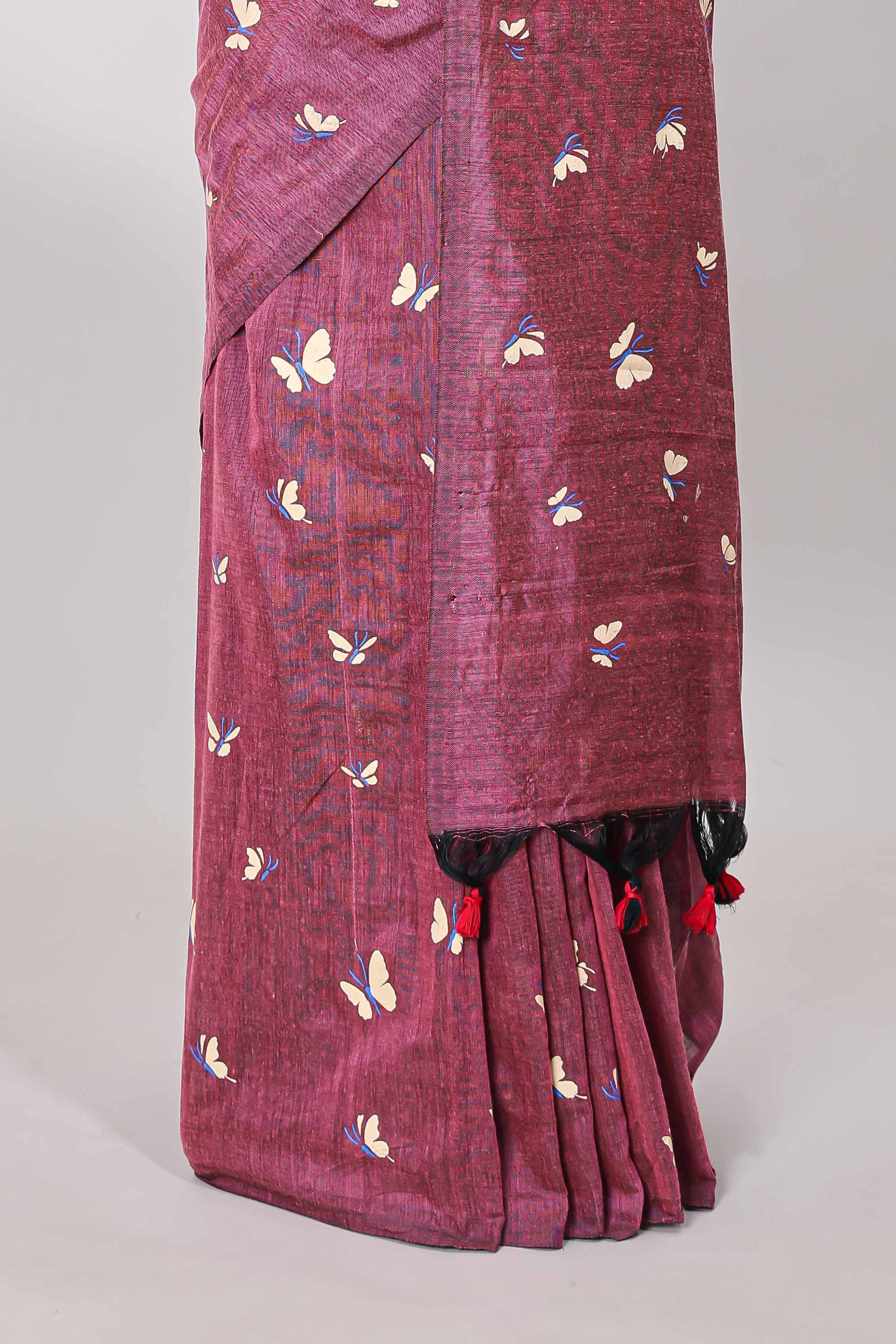 Borderless china rose-pink butterfly motifs south cotton saree with contrast printed blouse - Image 4