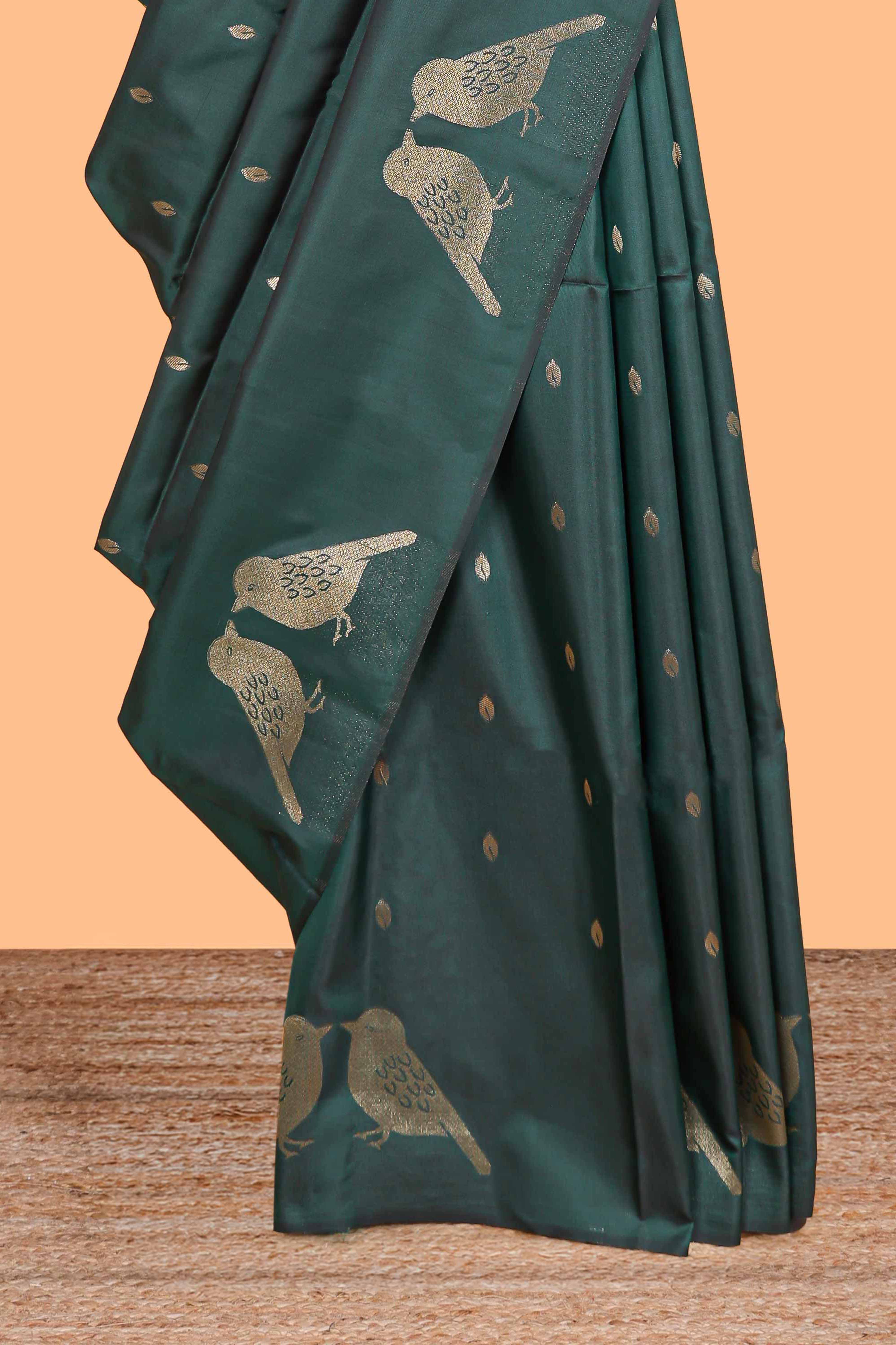Borderless forest green leaf zari butta and birds design semi soft silk saree with self pallu and matching blouse - Image 3