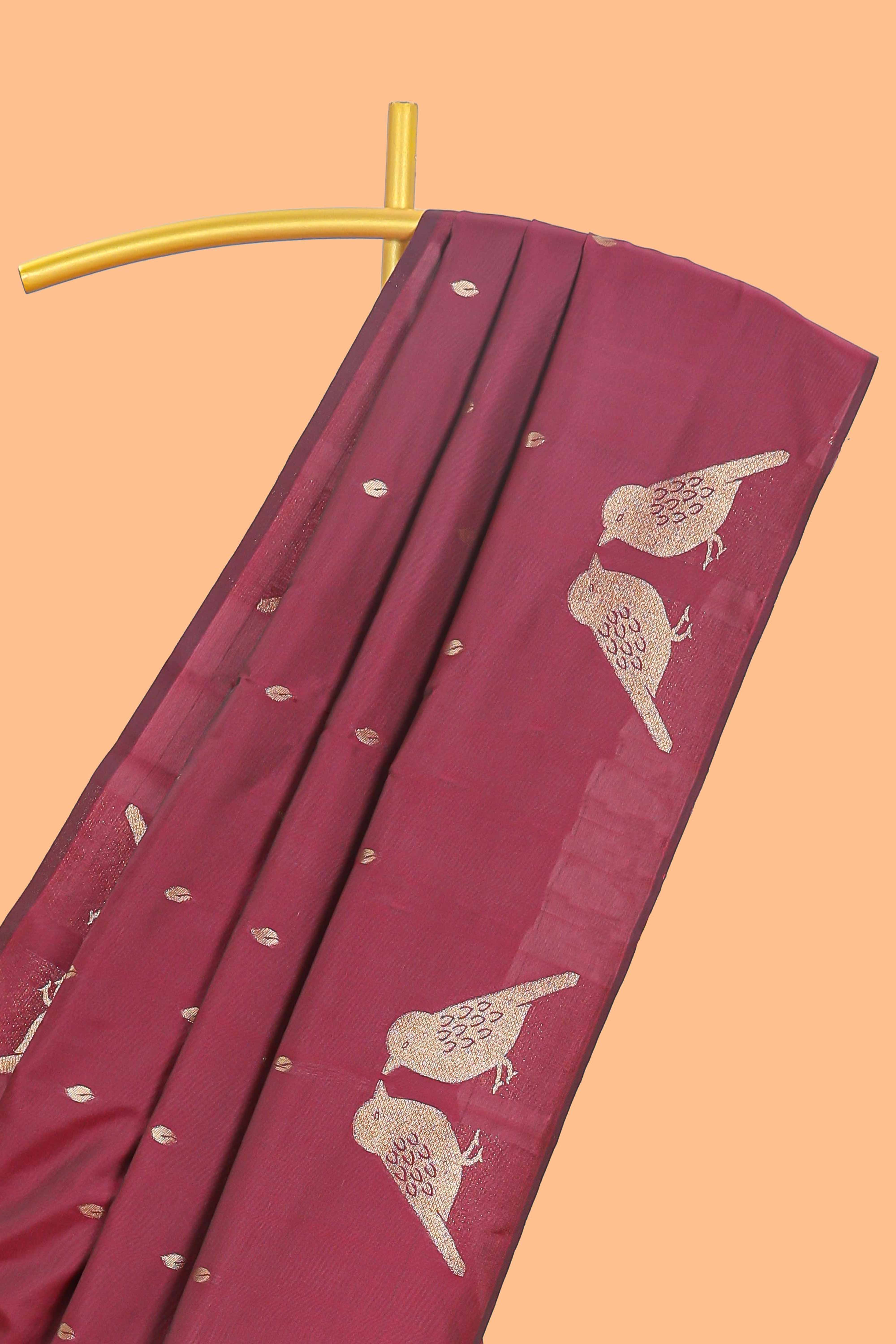 Borderless maroon leaf zari butta and birds design semi soft silk saree with self pallu and matching blouse - Image 2