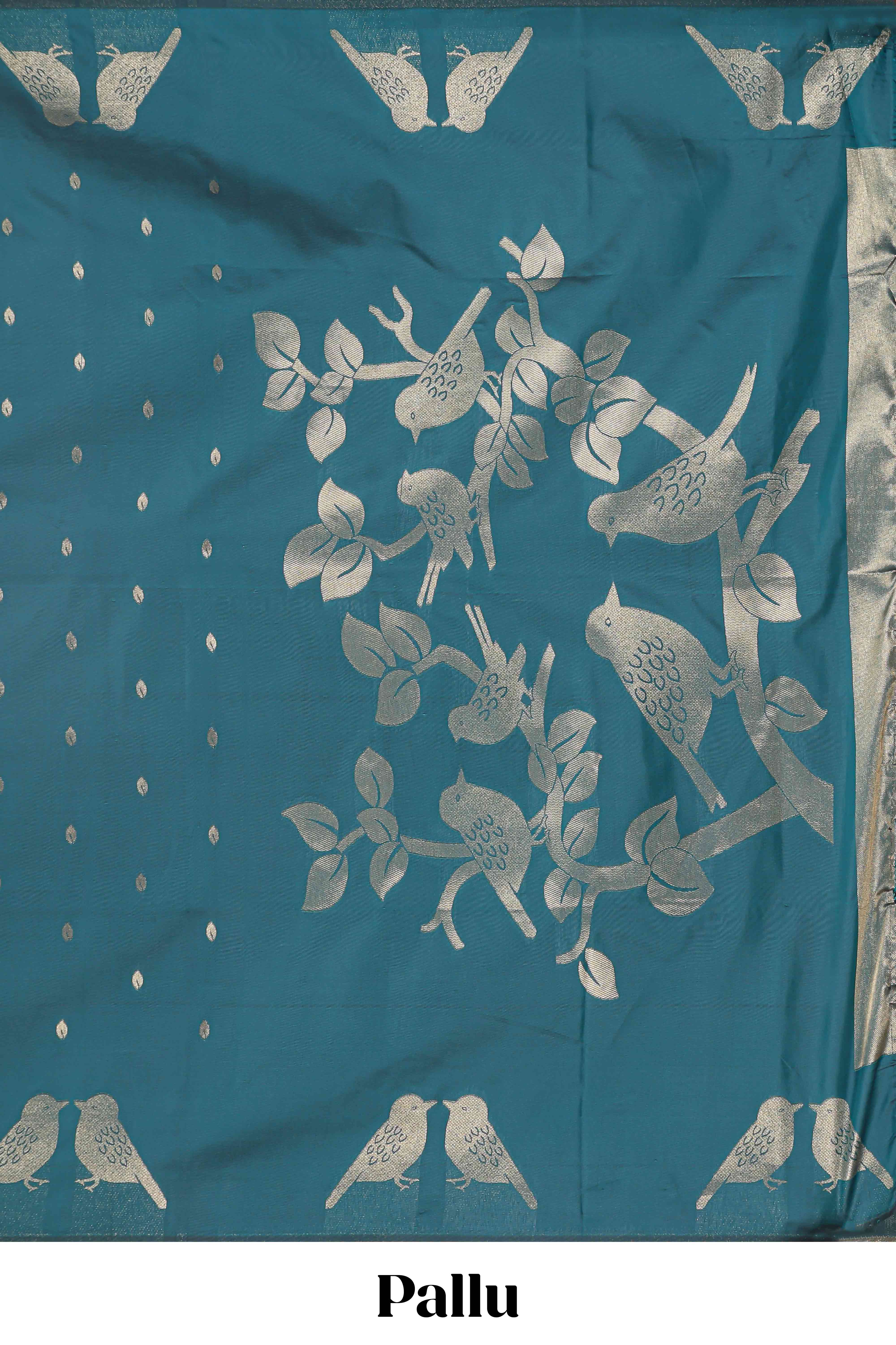 Borderless midnight green leaf zari butta and birds design semi soft silk saree with self pallu and matching blouse - Image 4