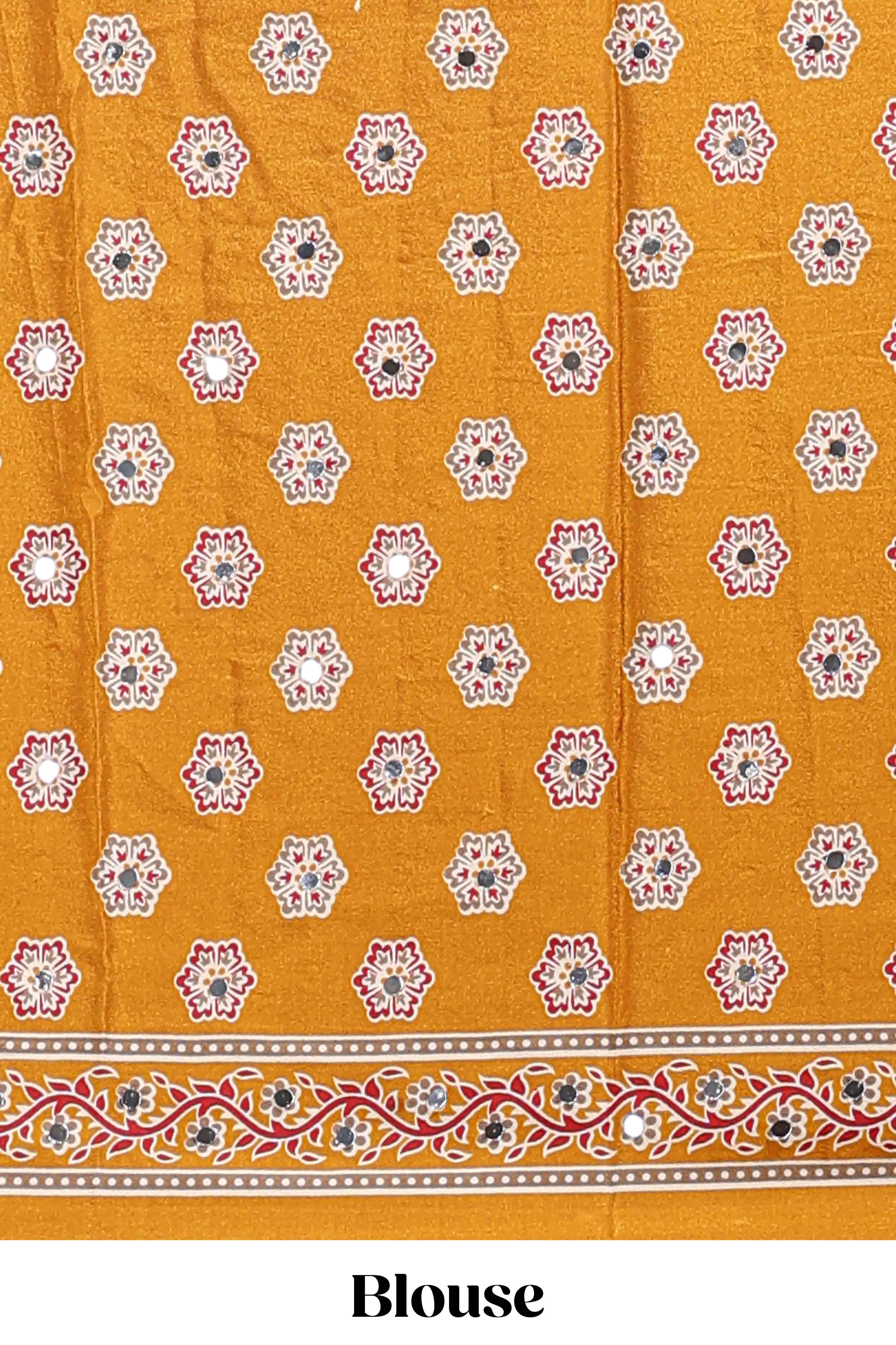 Borderless mustard floral design georgette saree with printed pallu and matching blouse - Image 5