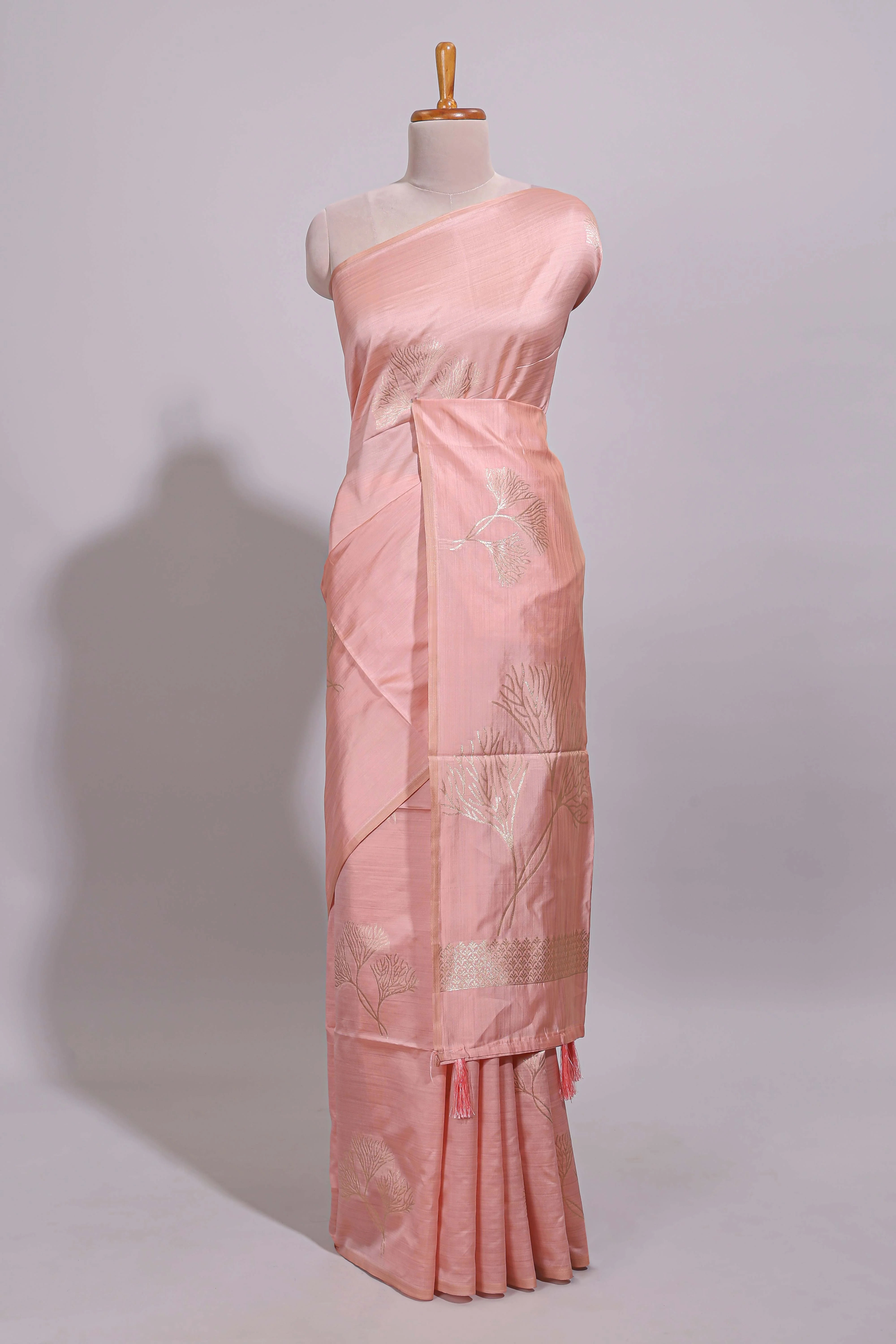 Borderless peach floral zari design art tussar saree with self floral design pallu and matching zari motifs blouse - Image 2