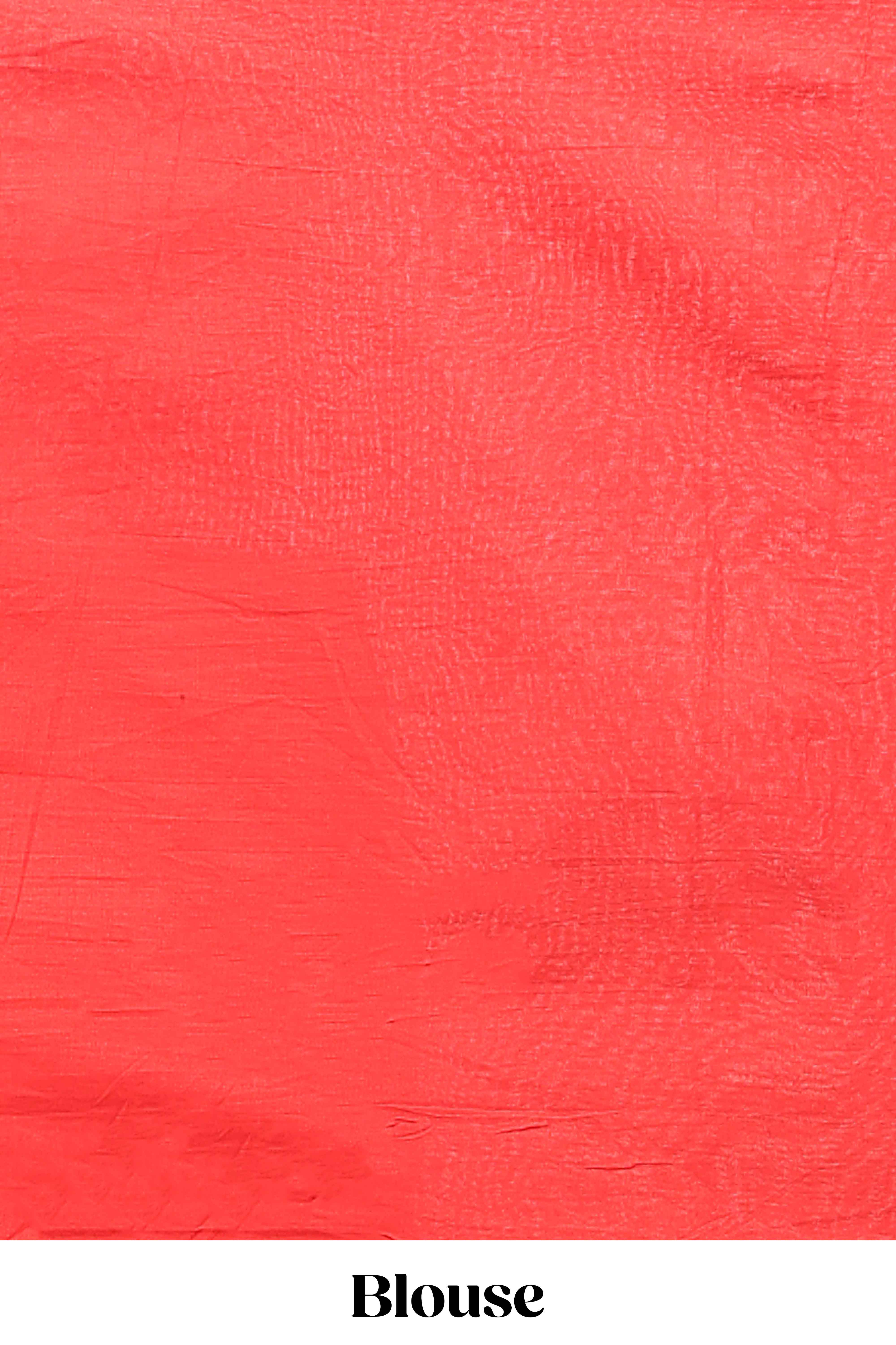 Borderless red floral design mul mul cotton saree with matching blouse - Image 5