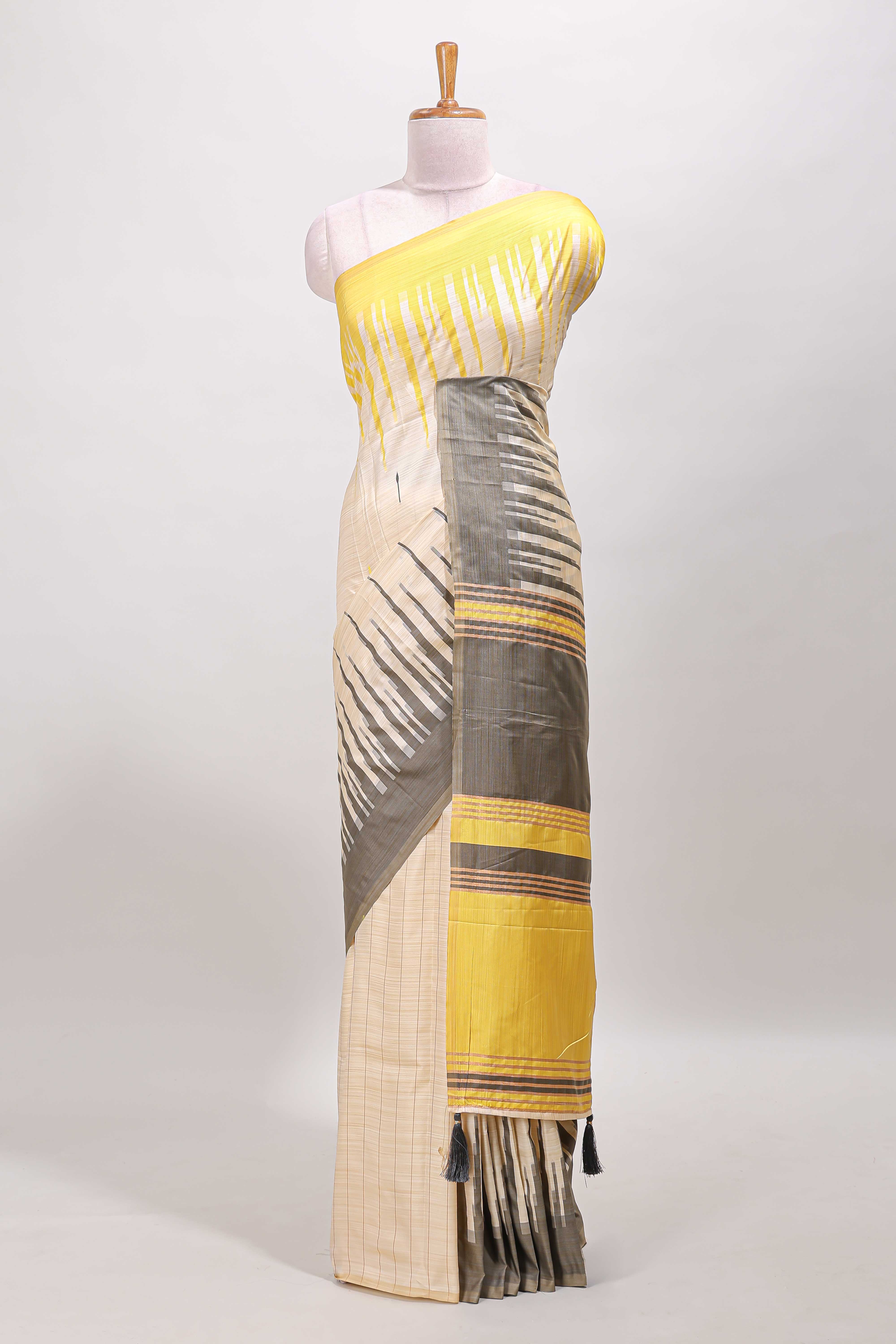Borderless sandal striped yellow & grey shade ikkat style semi soft silk saree with contrast striped pallu and matching blouse - Image 2