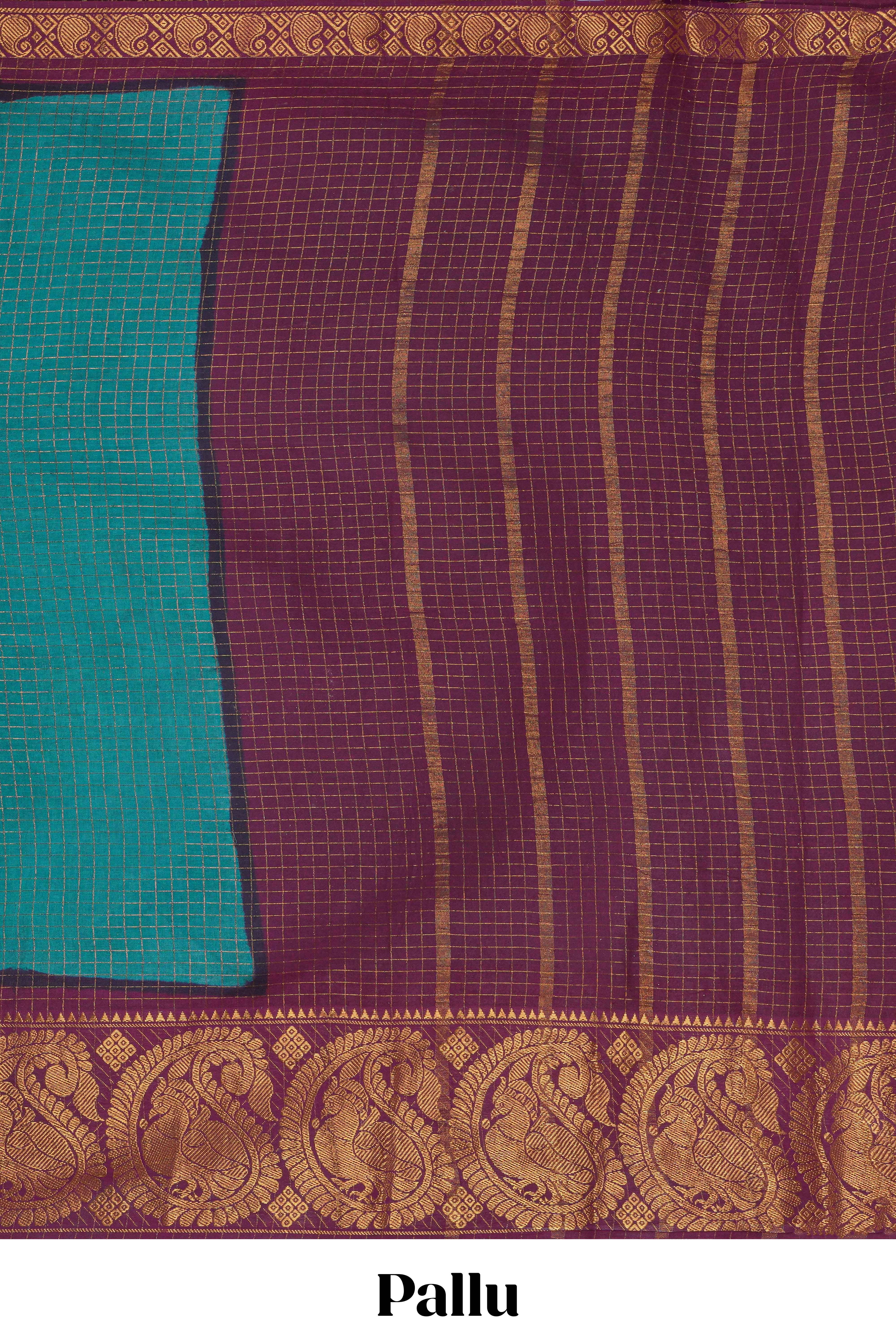Bottle green Chettinad cotton saree with checked body contrasting peacock zari border striped pallu and blouse - Image 2