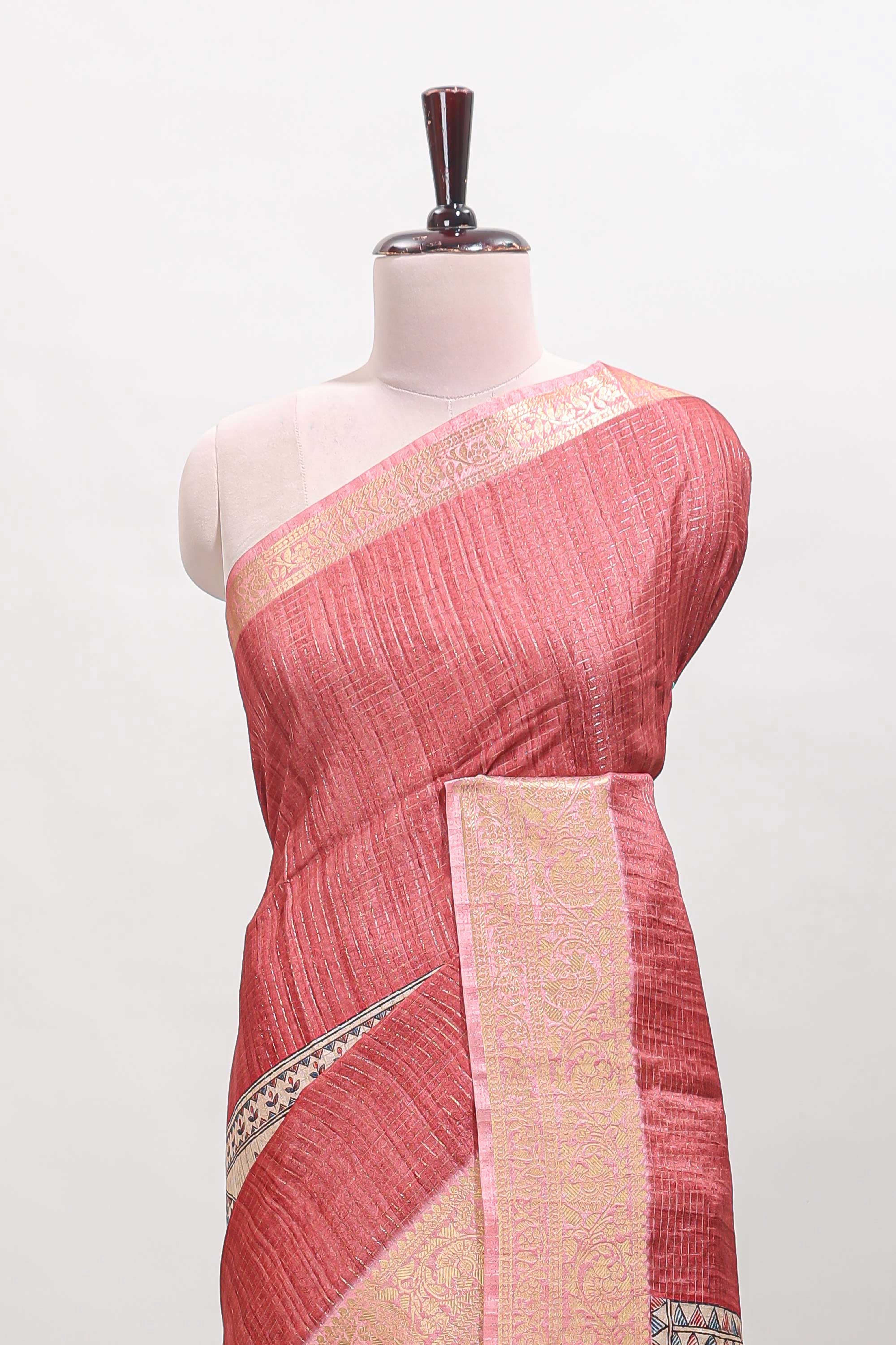 Brick red ditsy floral print art tussar saree with contrast zari border and matching blouse - Image 3