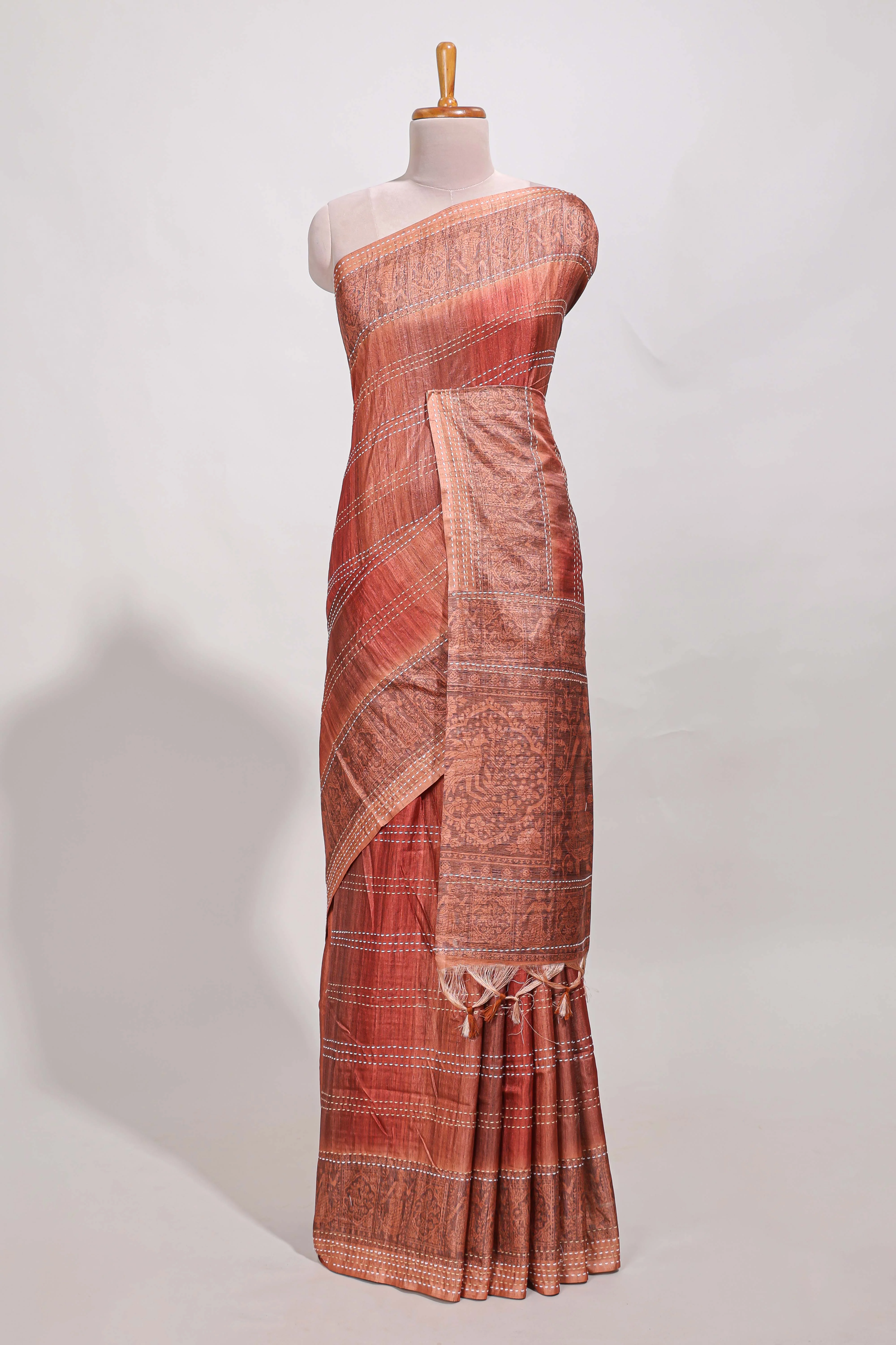 Brick Red shade semi tussar saree all hand work embroidery with contrast border and contrast printed printed pallu