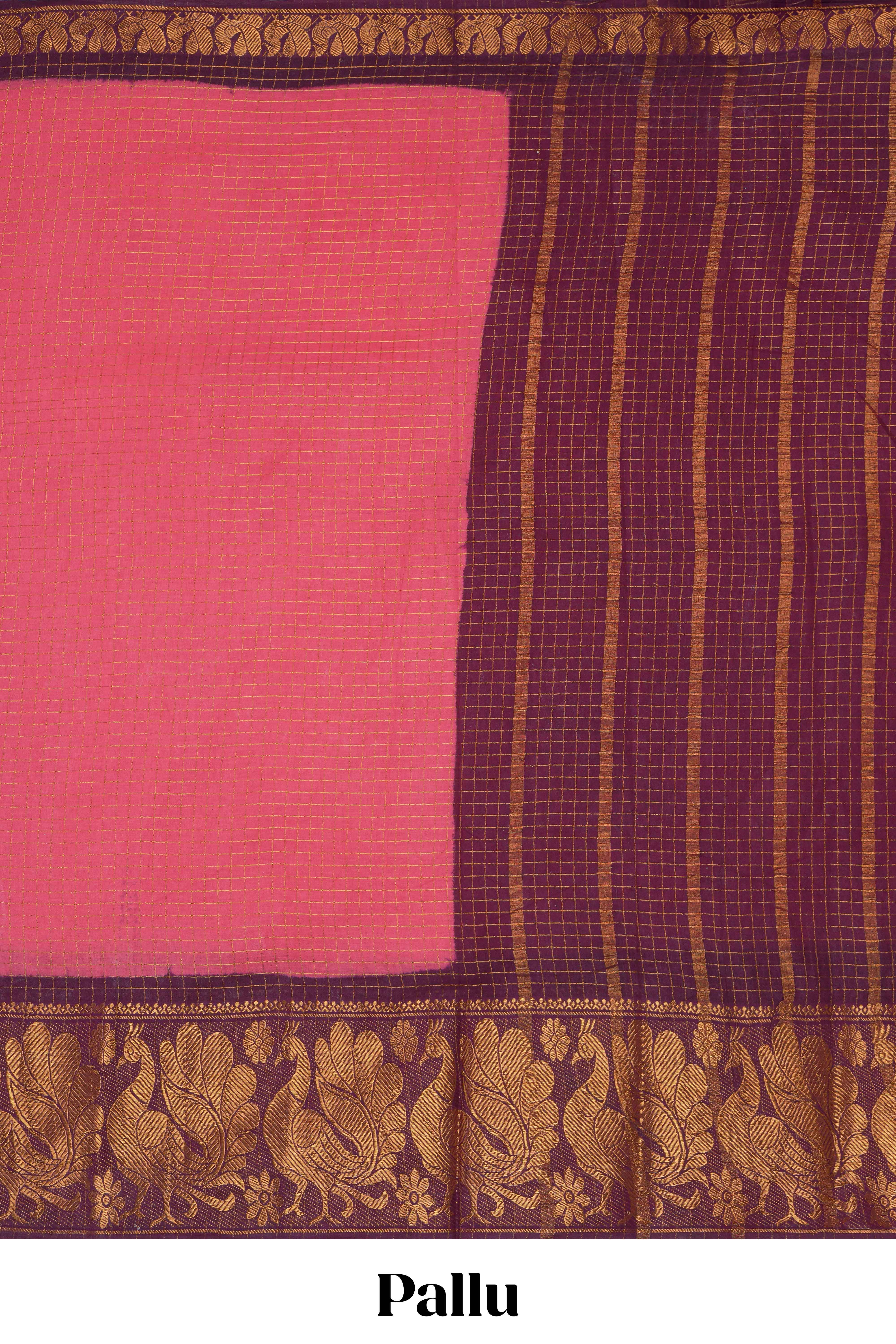 Bright pink Chettinad cotton saree with checked body contrasting peacock zari border striped pallu and blouse - Image 2