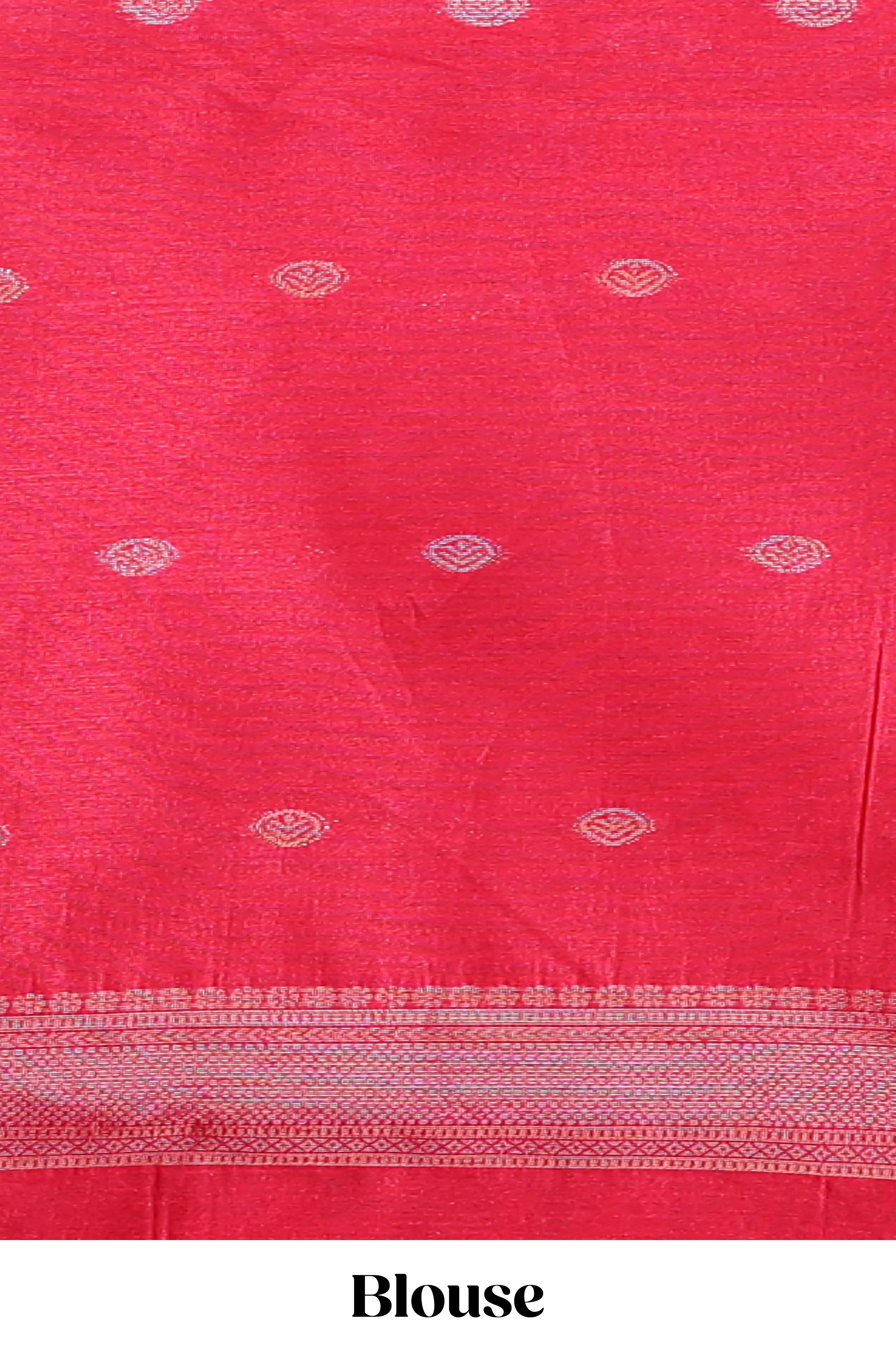 Bright pink semi tussar saree all over pichwai buttas and sliver zari pallu with self blouse - Image 5