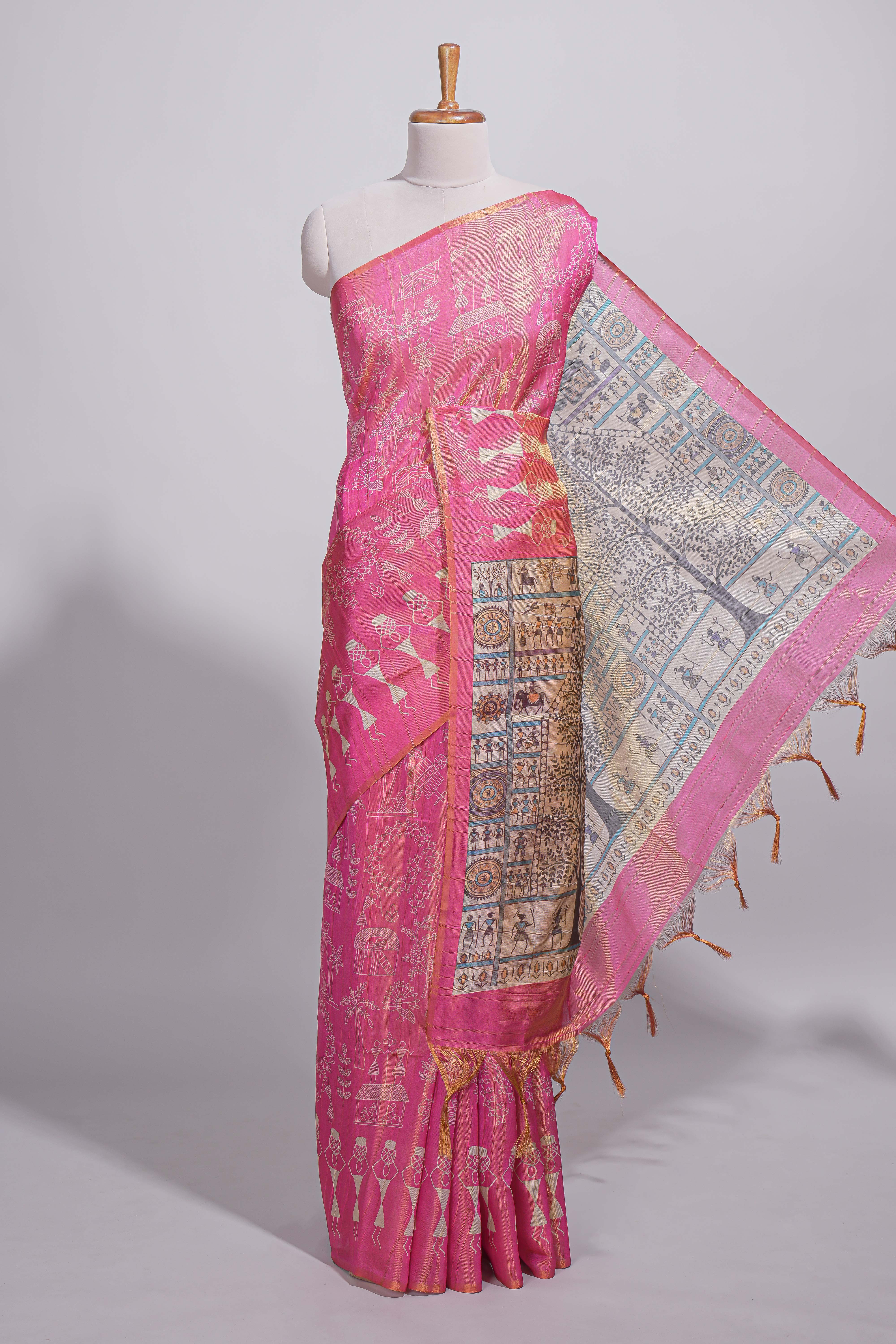 Bright pink warli printed semi tussar sareewith contrast warli printed pallu and matching blouse - Image 2
