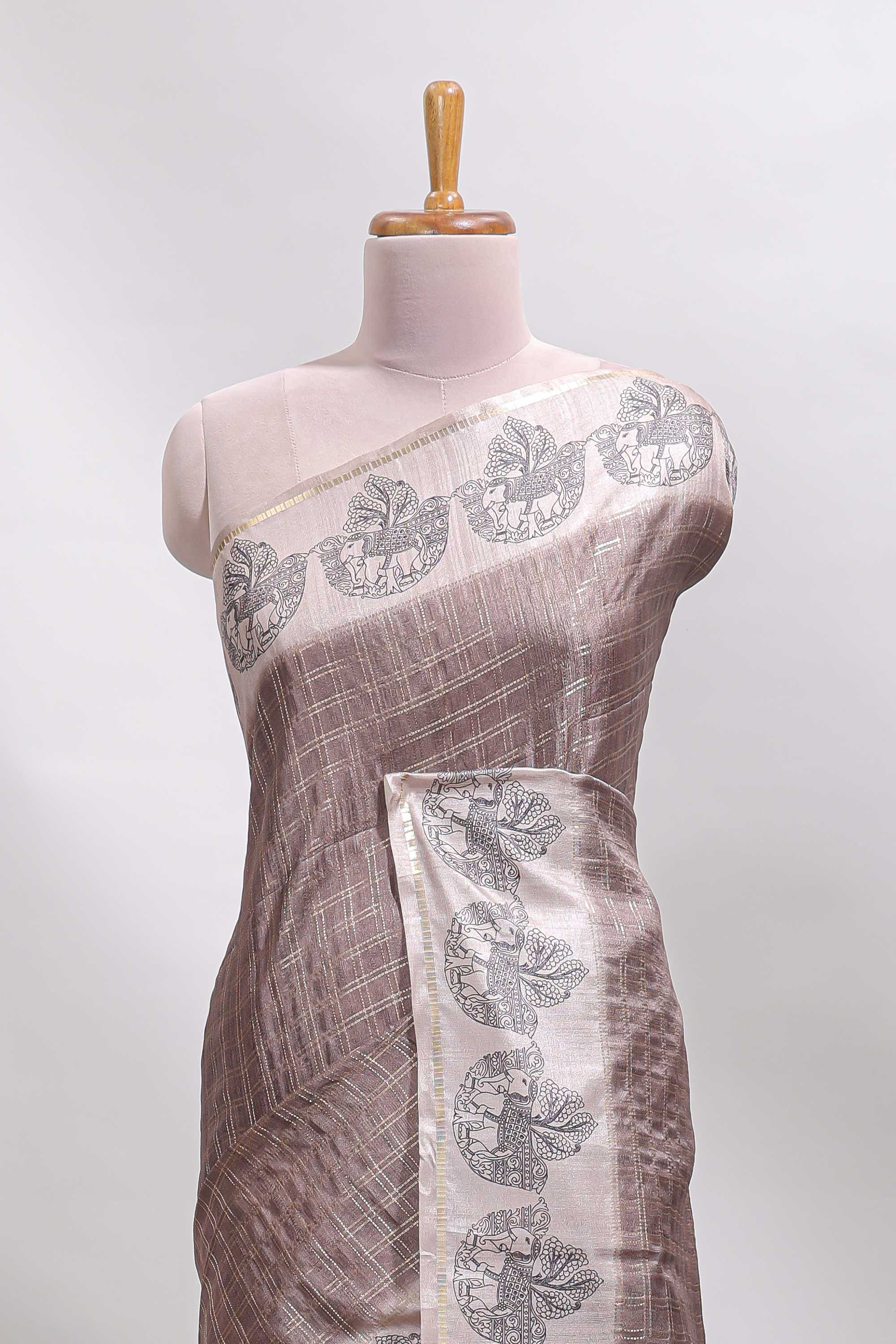 Brown checked tussar saree with contrast traditional elephant border and matching blouse - Image 3