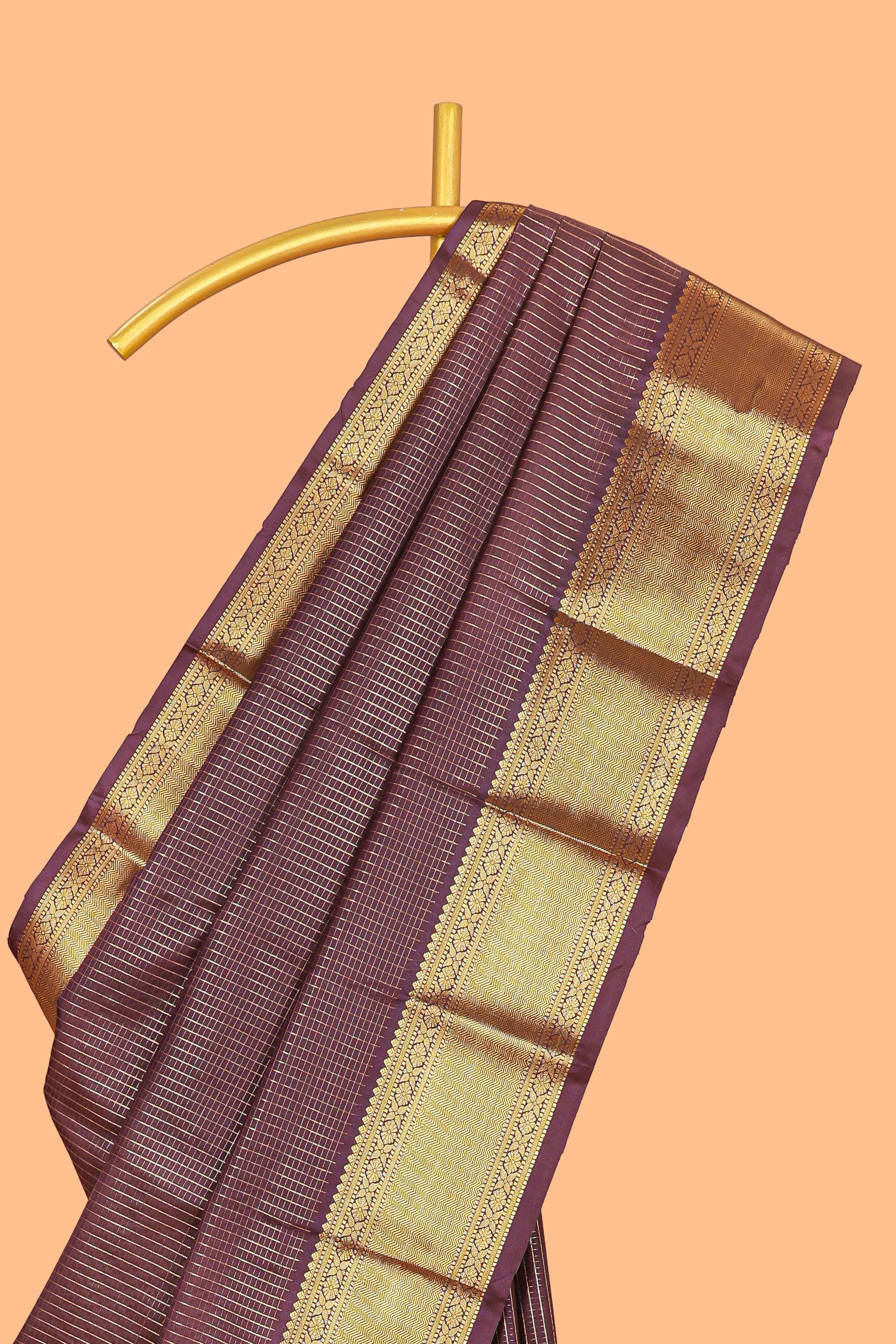 Brown colour semi soft silk all over checked pattern and Contrast zari weaving border and Matching blouse - Image 2