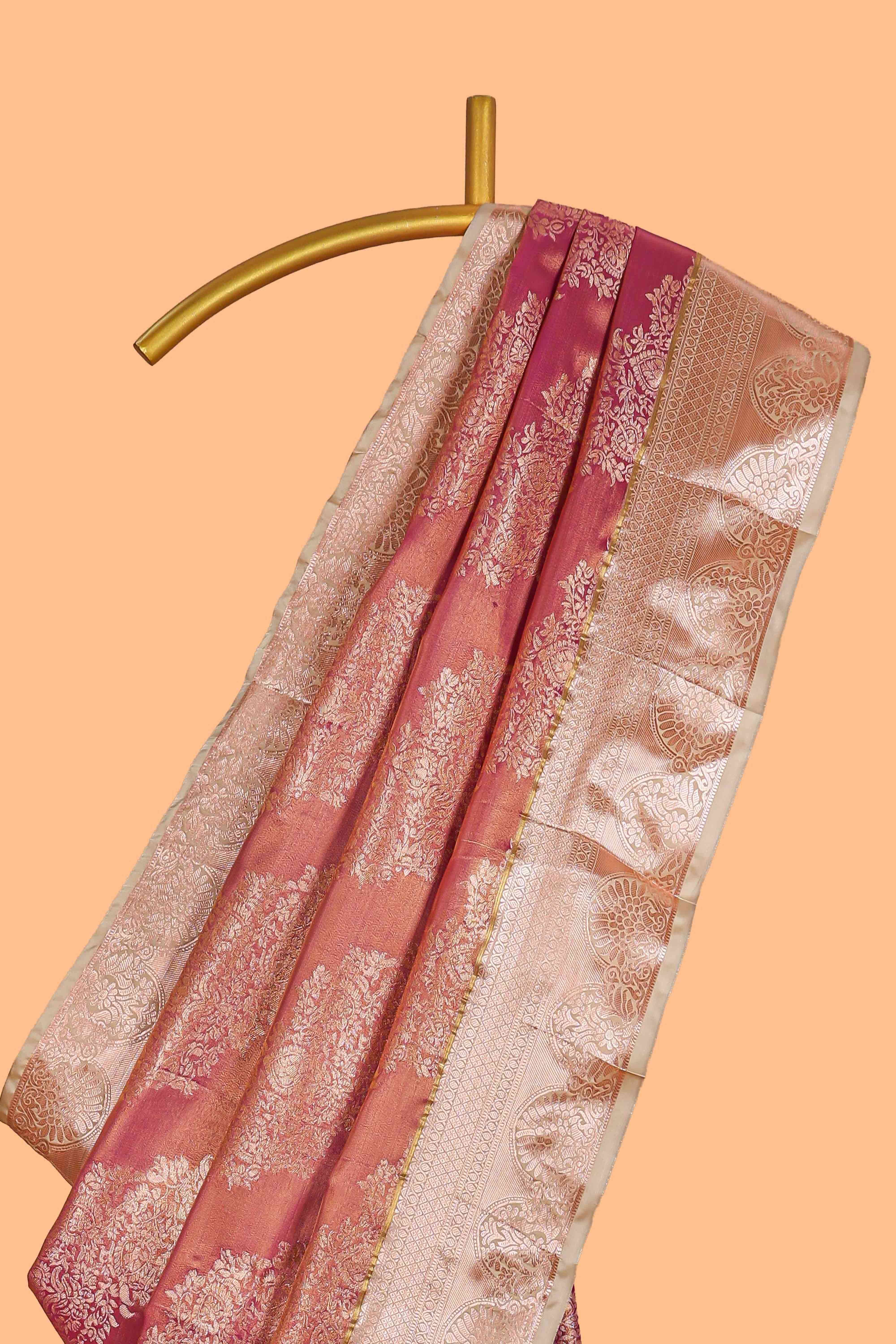 Brown Colour Tissue Silk Saree with Rich Gold Zari Weaving and  Contrast Border and Contrast Blouse - Image 2