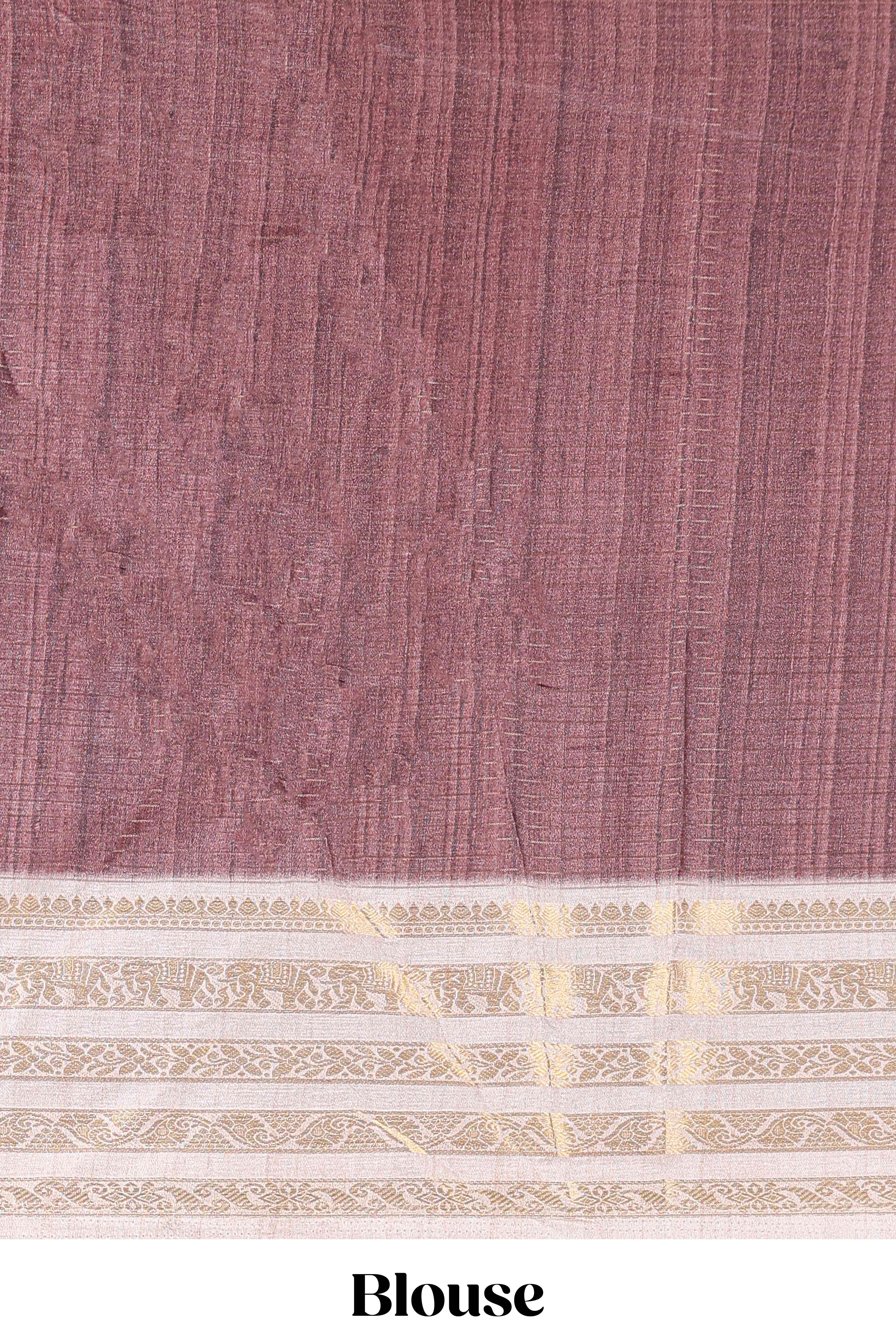 Brown dola silk saree featuring geometric block print and contrast zari border - Image 5