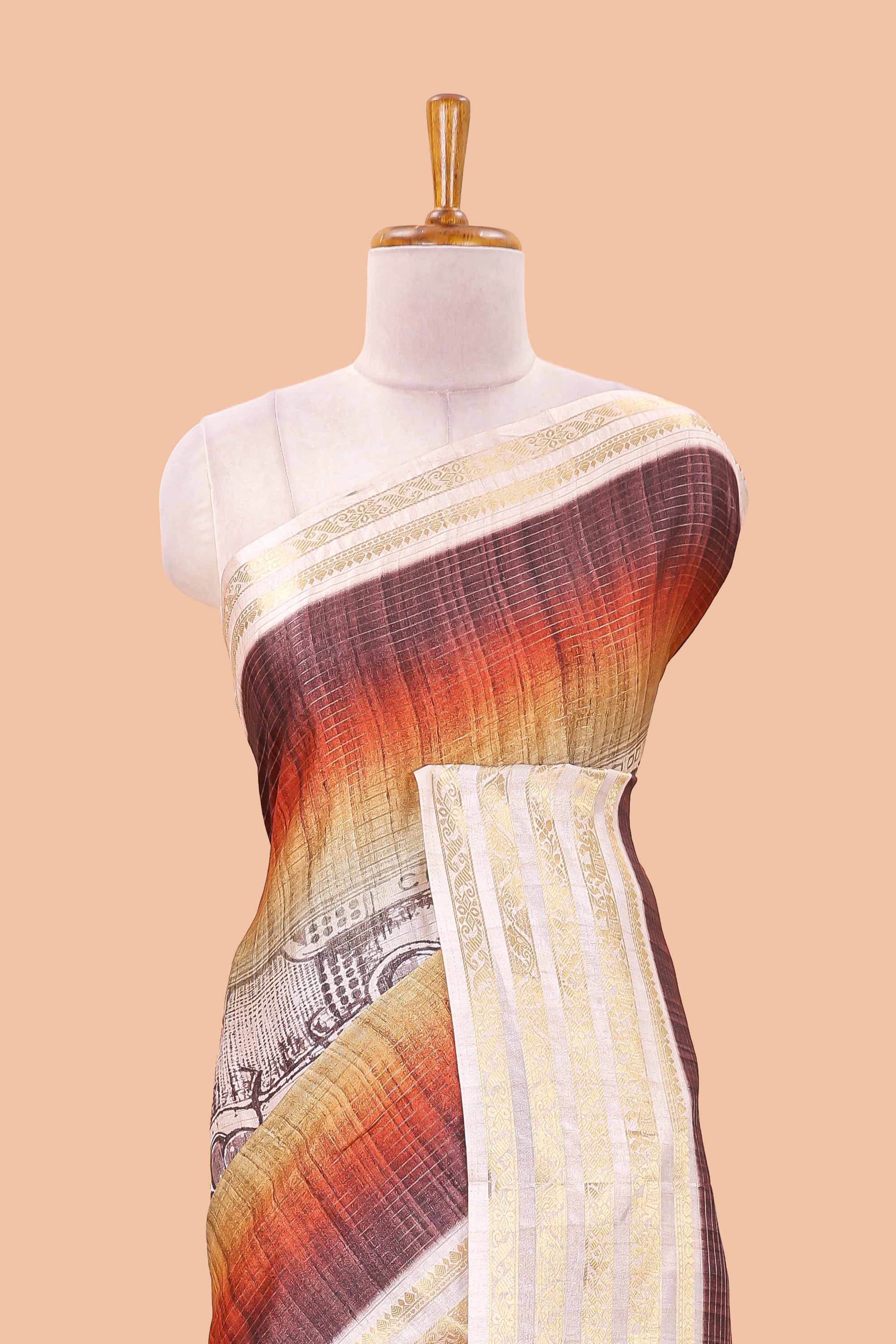 Brown dola silk saree with temple architecture print, zari striped pallu and border - Image 3