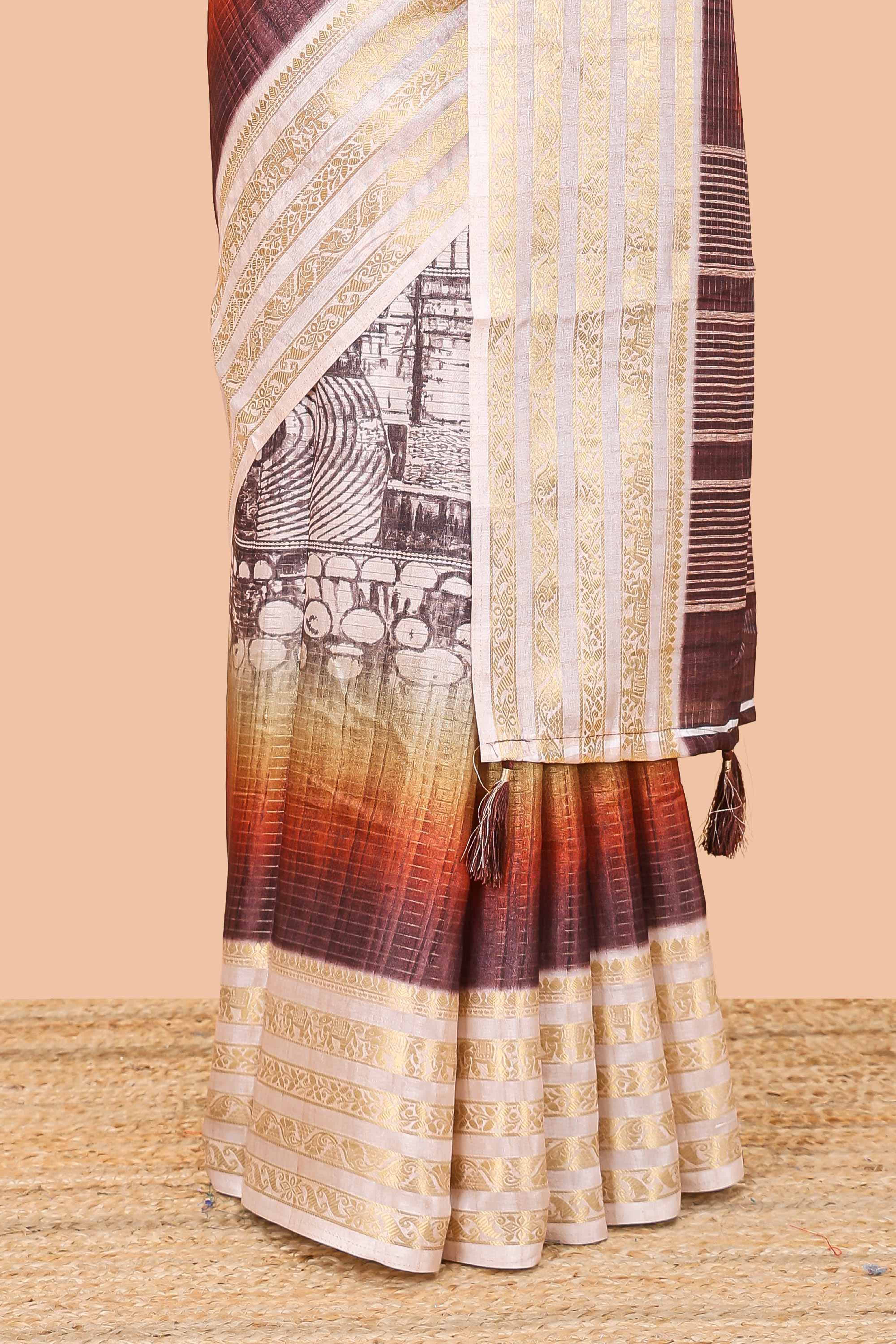 Brown dola silk saree with temple architecture print, zari striped pallu and border - Image 4