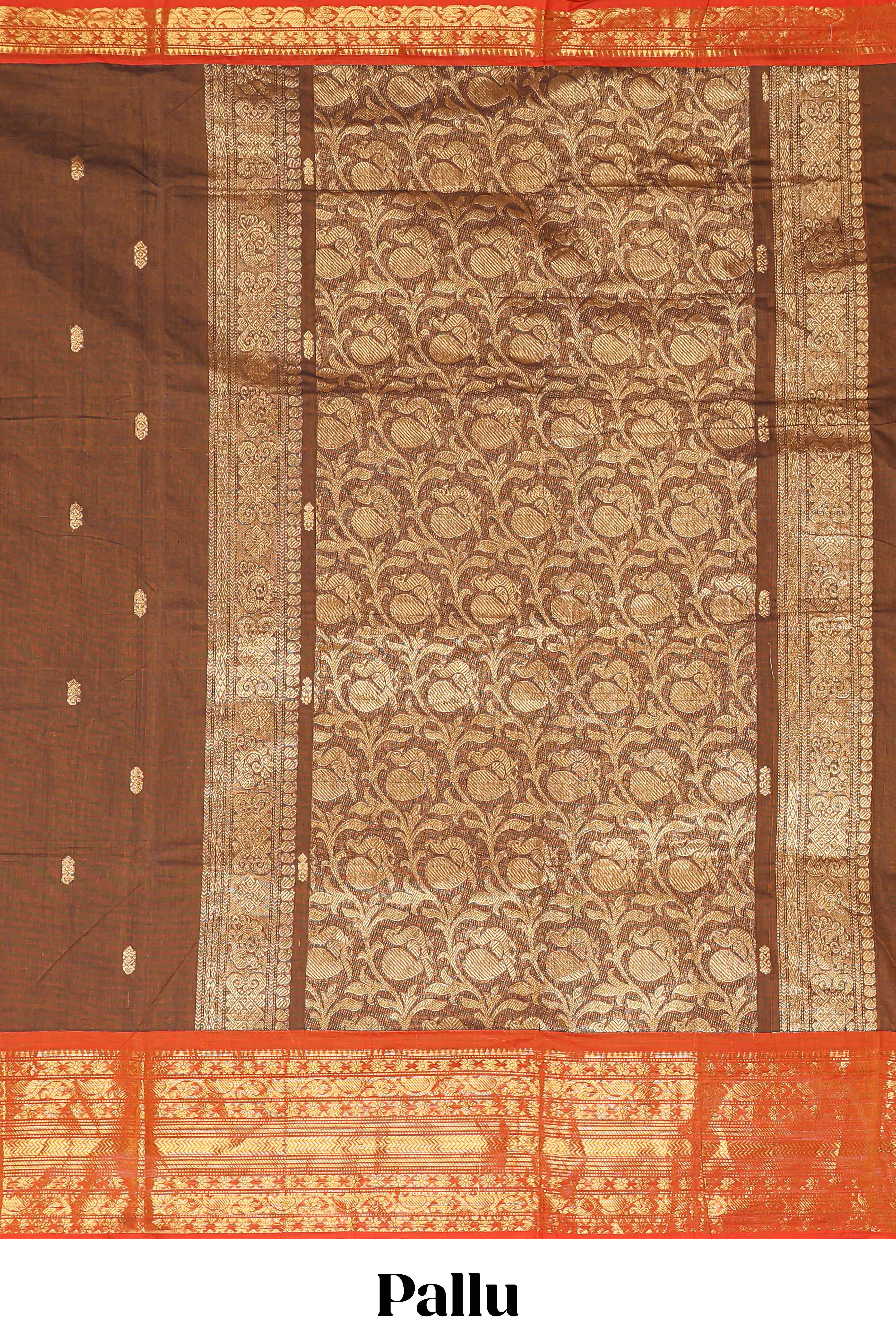 Brown floral butta chettinad cotton saree with contrast border and matching blouse - Image 2