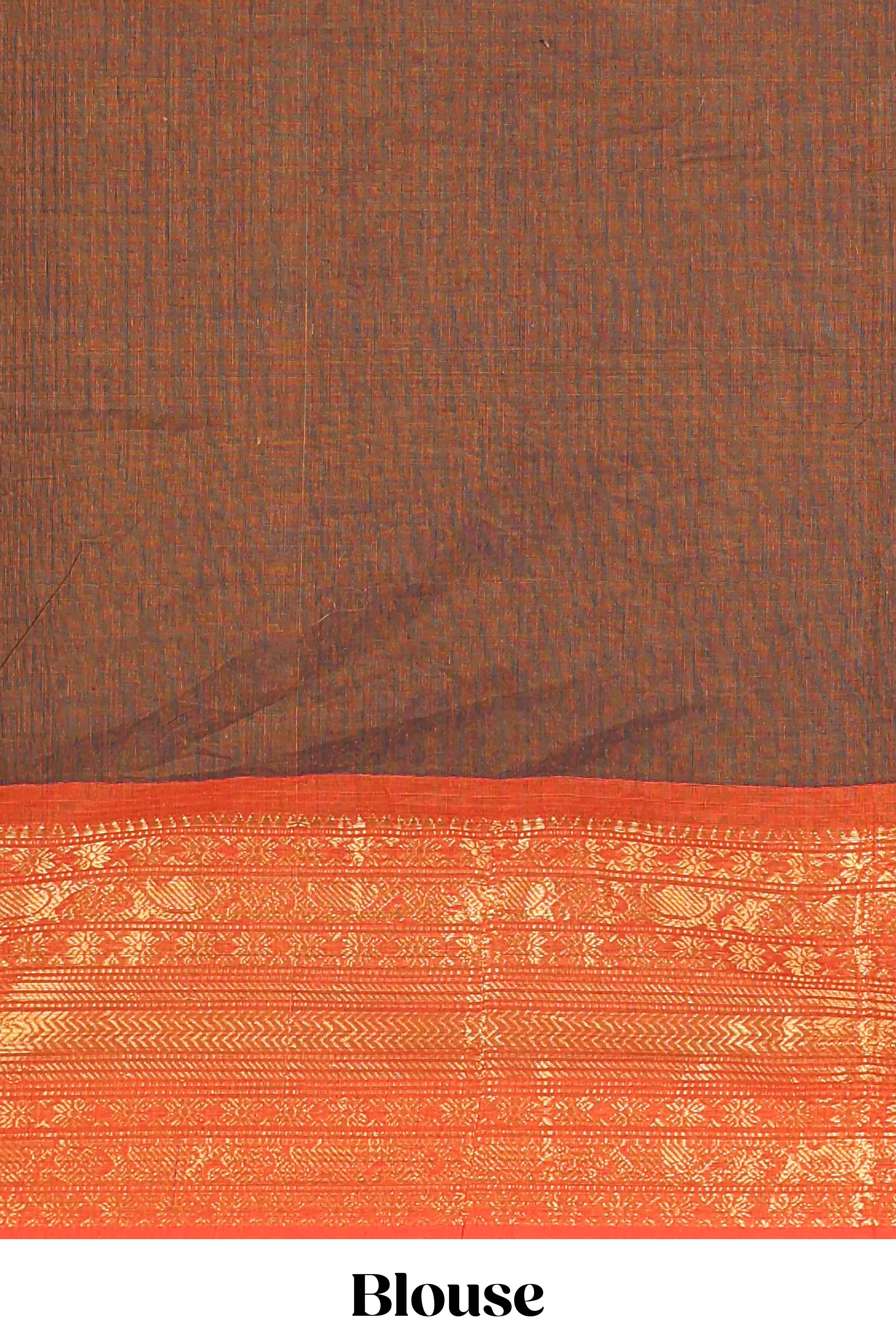 Brown floral butta chettinad cotton saree with contrast border and matching blouse - Image 3