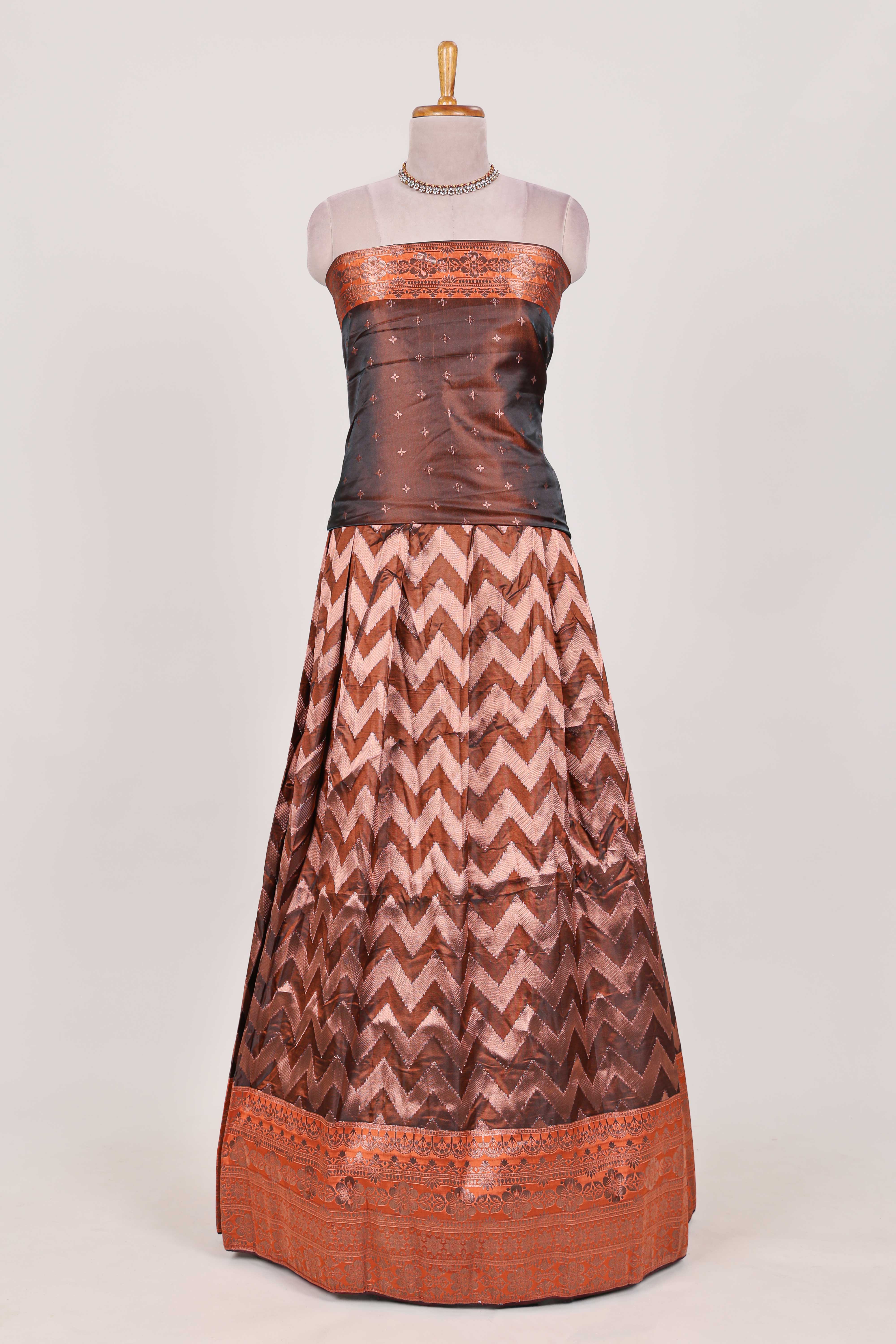 Brown lehenga featuring intricate copper thread weaving details with a beautiful contrast border Paired with a brocade shawl - Image 2