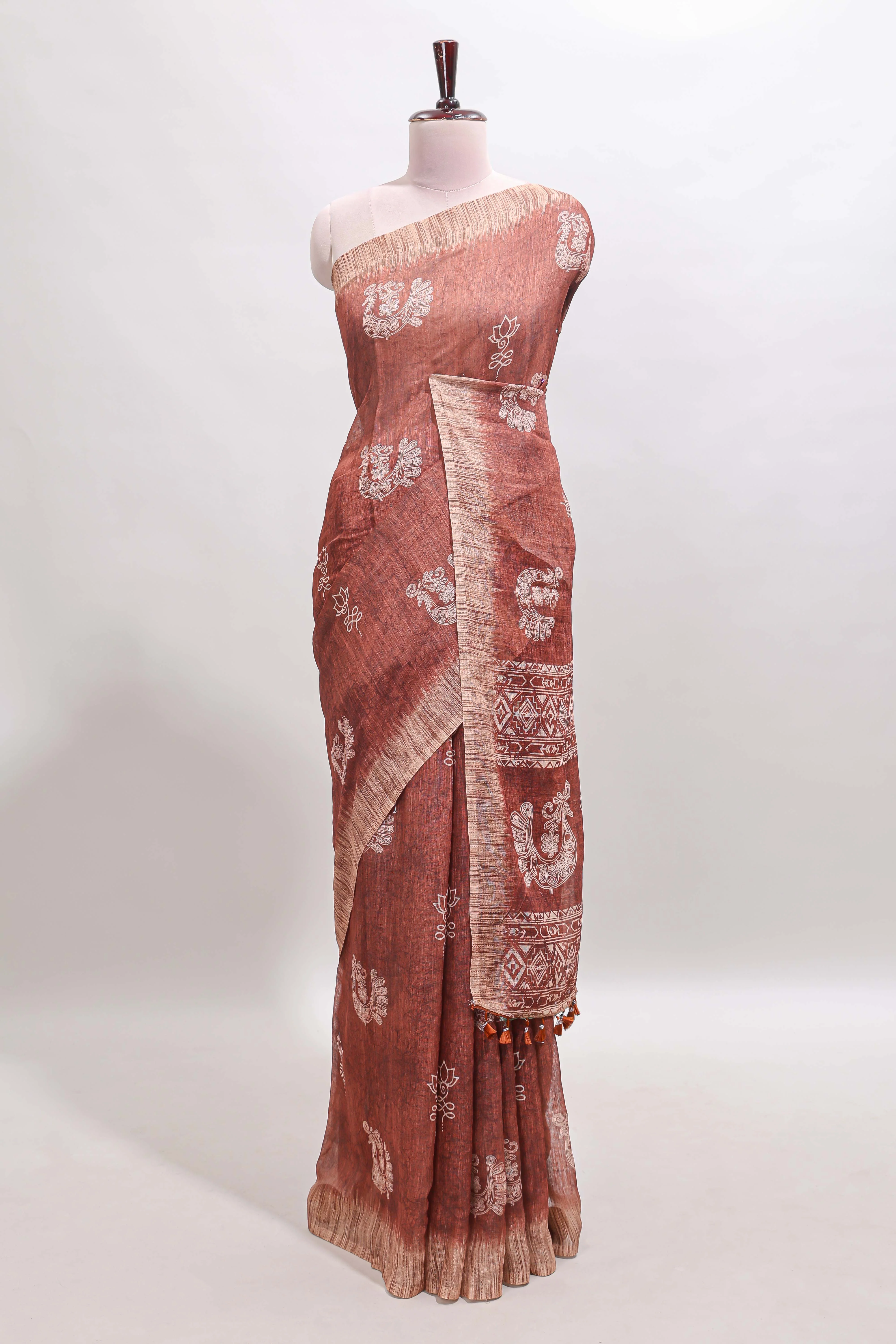 Brown peacock & floral motifs linen cotton saree with contrast border and matching blouse - Image 2