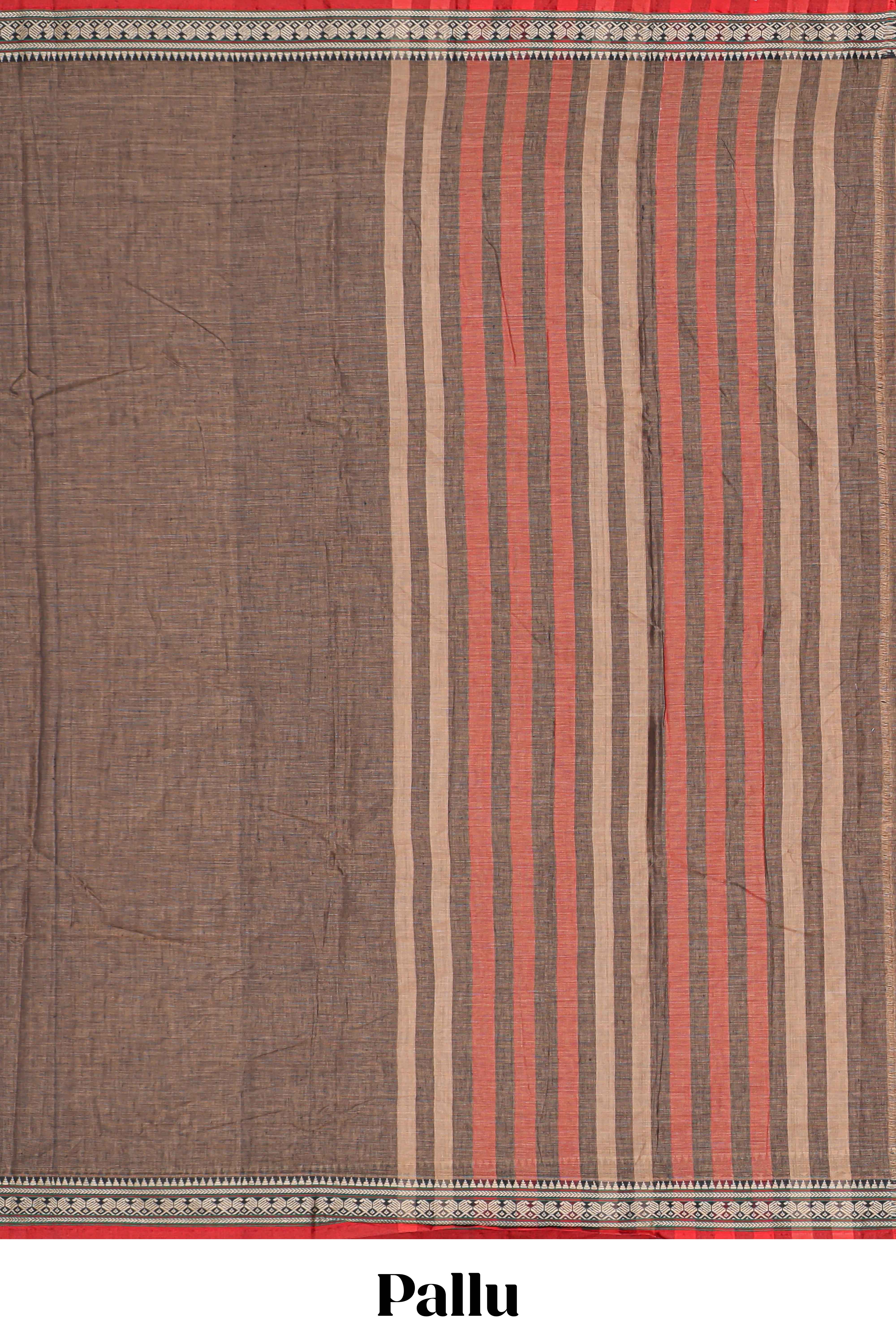 Brown plain narayanapet cotton saree with contrast temple border and stripe pallu - Image 2