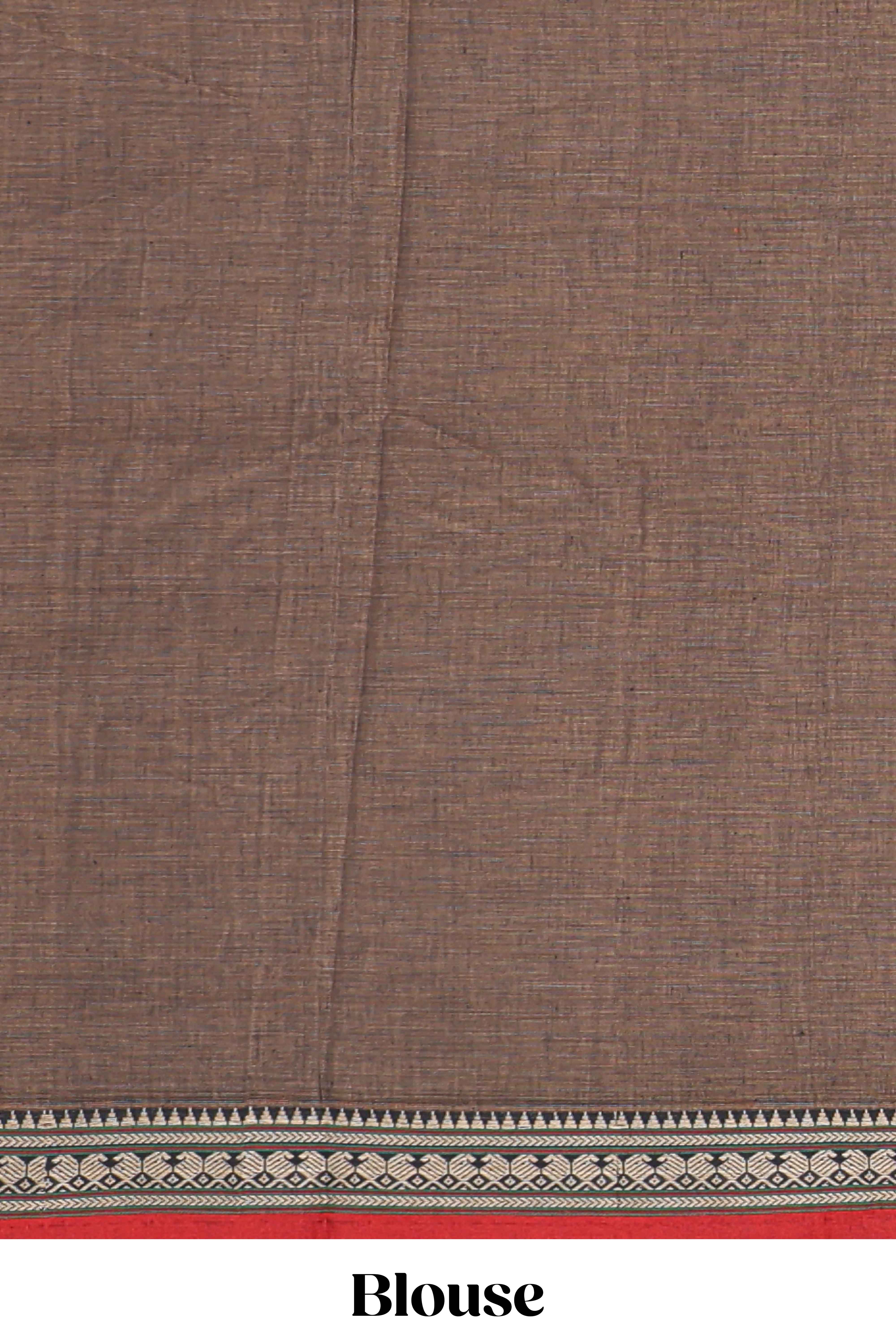 Brown plain narayanapet cotton saree with contrast temple border and stripe pallu - Image 3