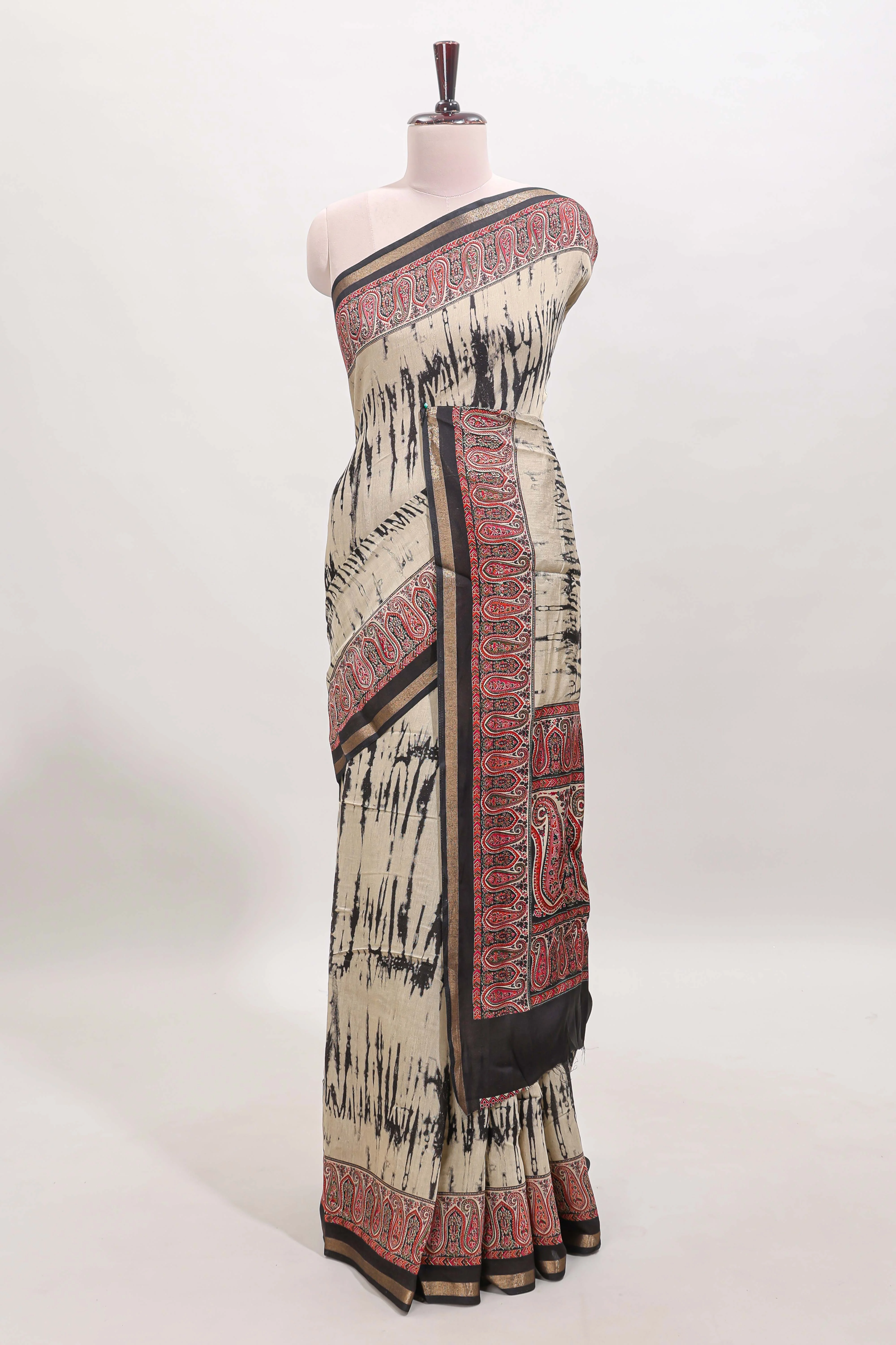 Brown shibori style chanderi cotton saree with contrast black border and blouse - Image 2