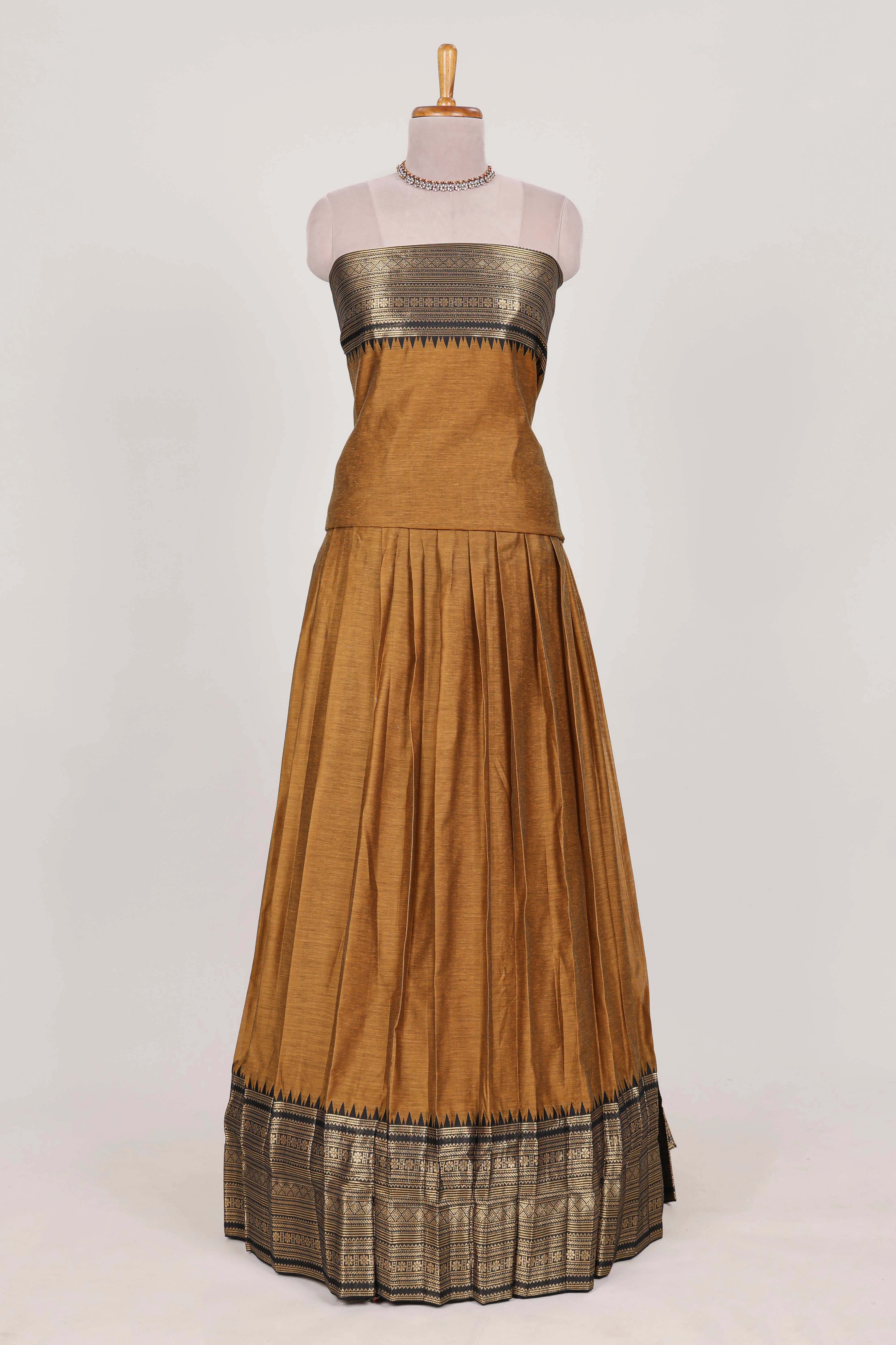 Antique Gold Cotton Half Saree with Gold Zari Border Traditional Embroidery and Elegant Detailing - Image 2