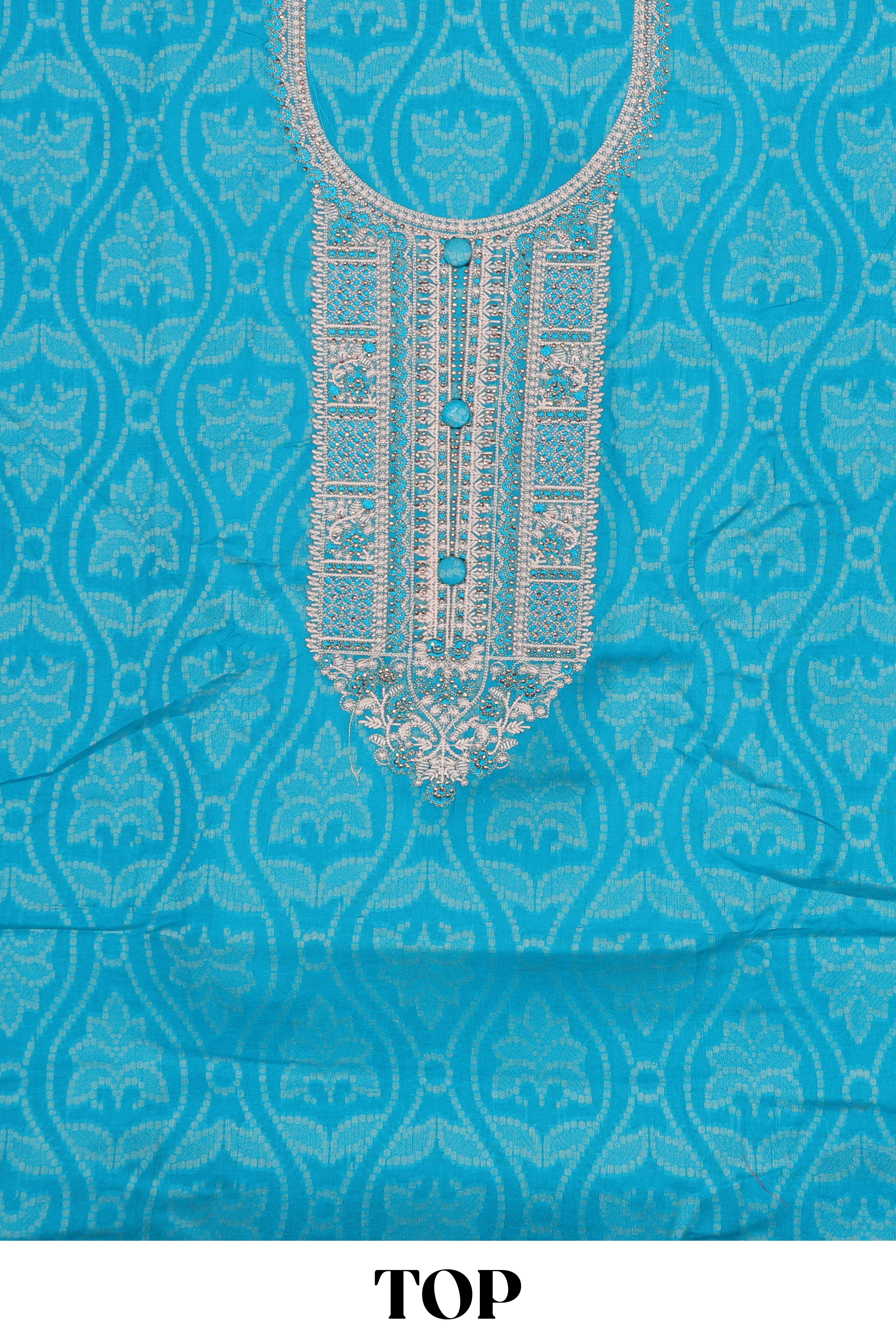 Blue cotton embroidered chudidhar material with floral design bottom and dual shade dupatta - Image 2