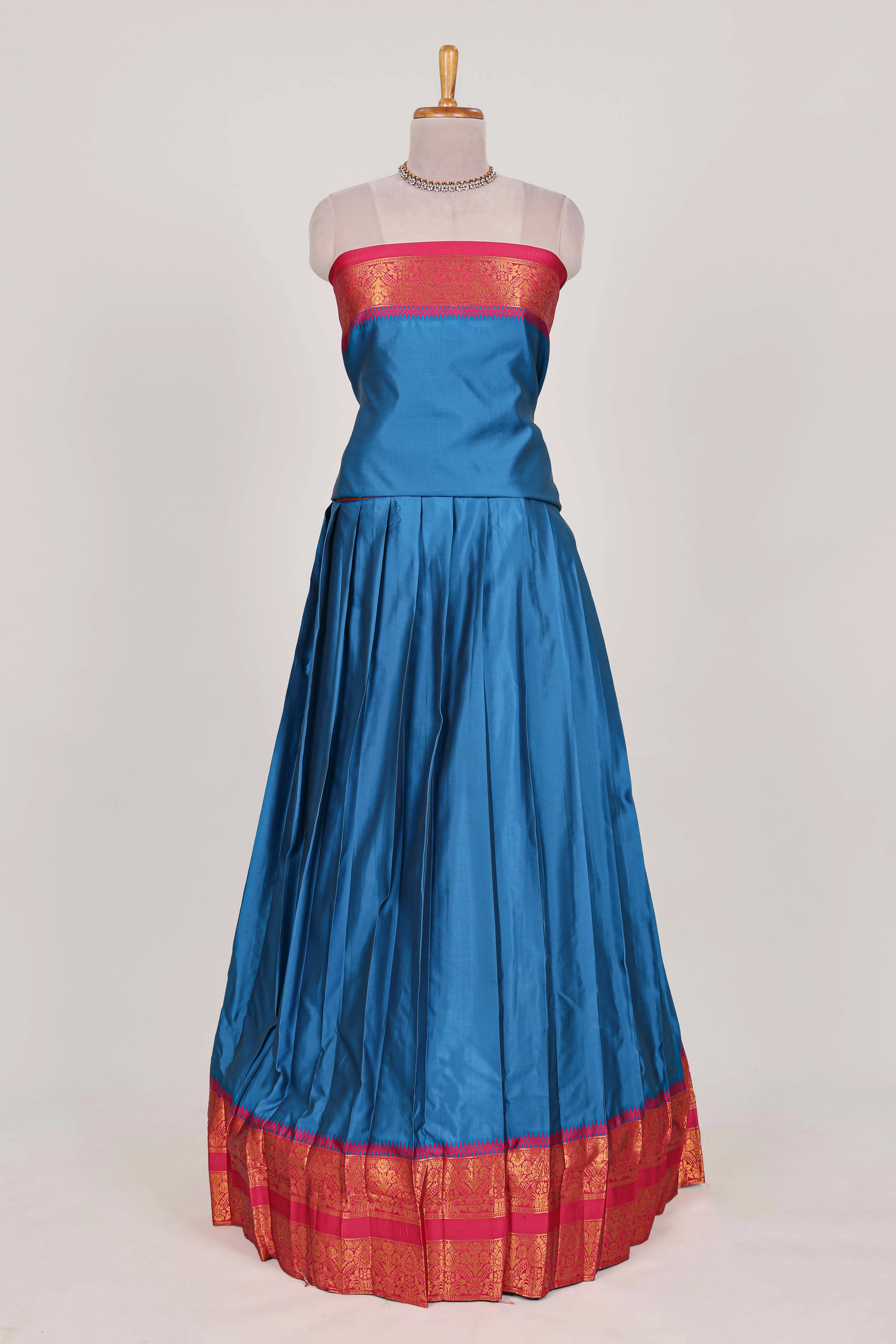 Blue Cotton Half Saree with Gold Zari Border Traditional Embroidery and Elegant Tassel Detailing - Image 2